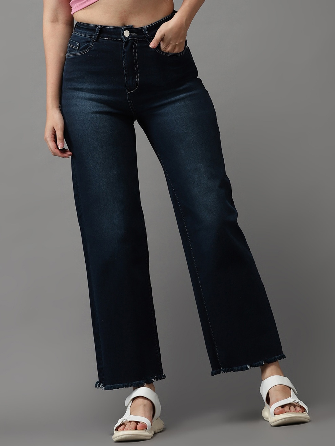 

SHOWOFF Women Navy Blue Jean Wide Leg High-Rise Light Fade Stretchable Jeans