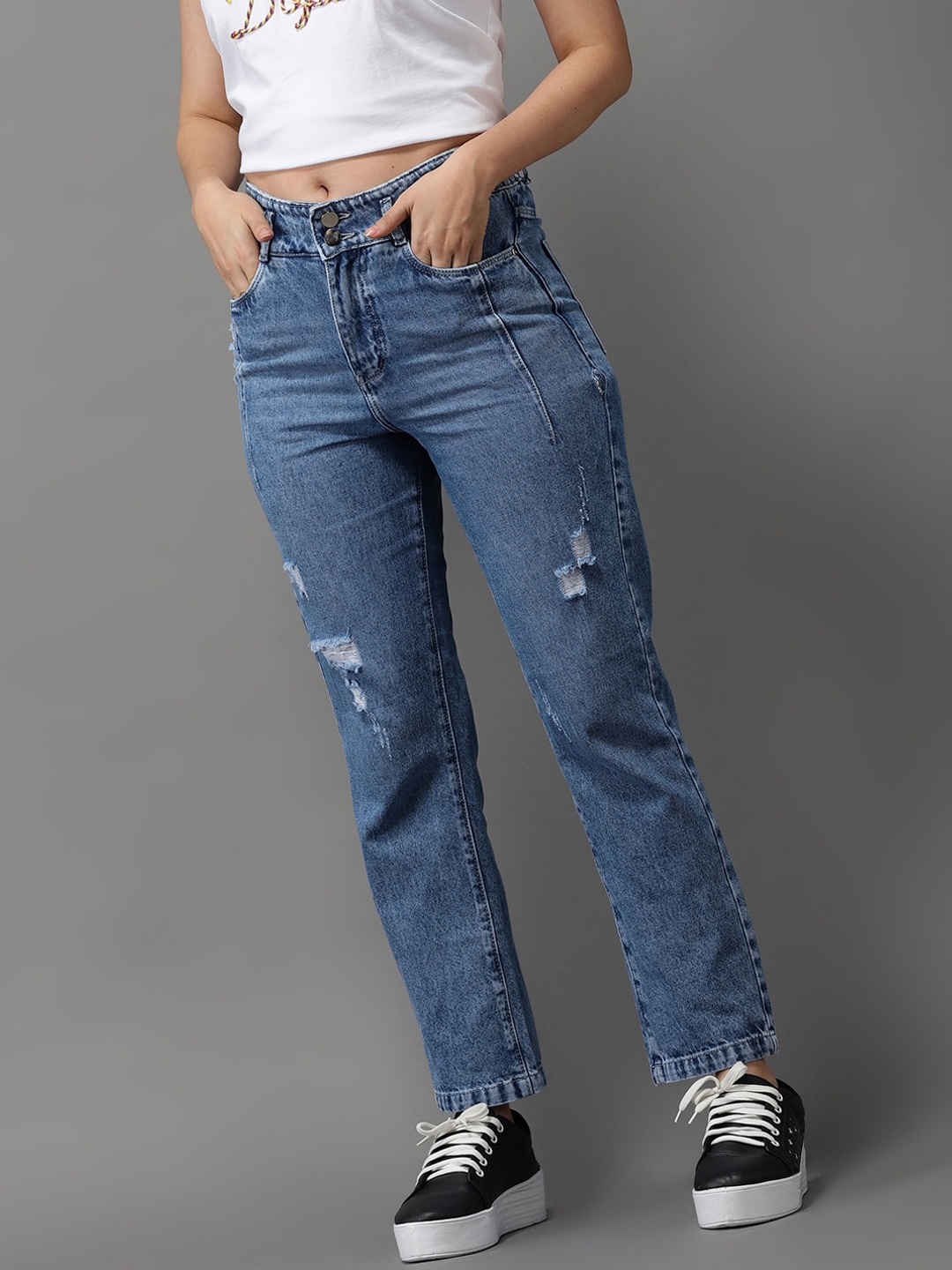 

SHOWOFF Women Blue Jean Straight Fit High-Rise Mildly Distressed Light Fade Jeans