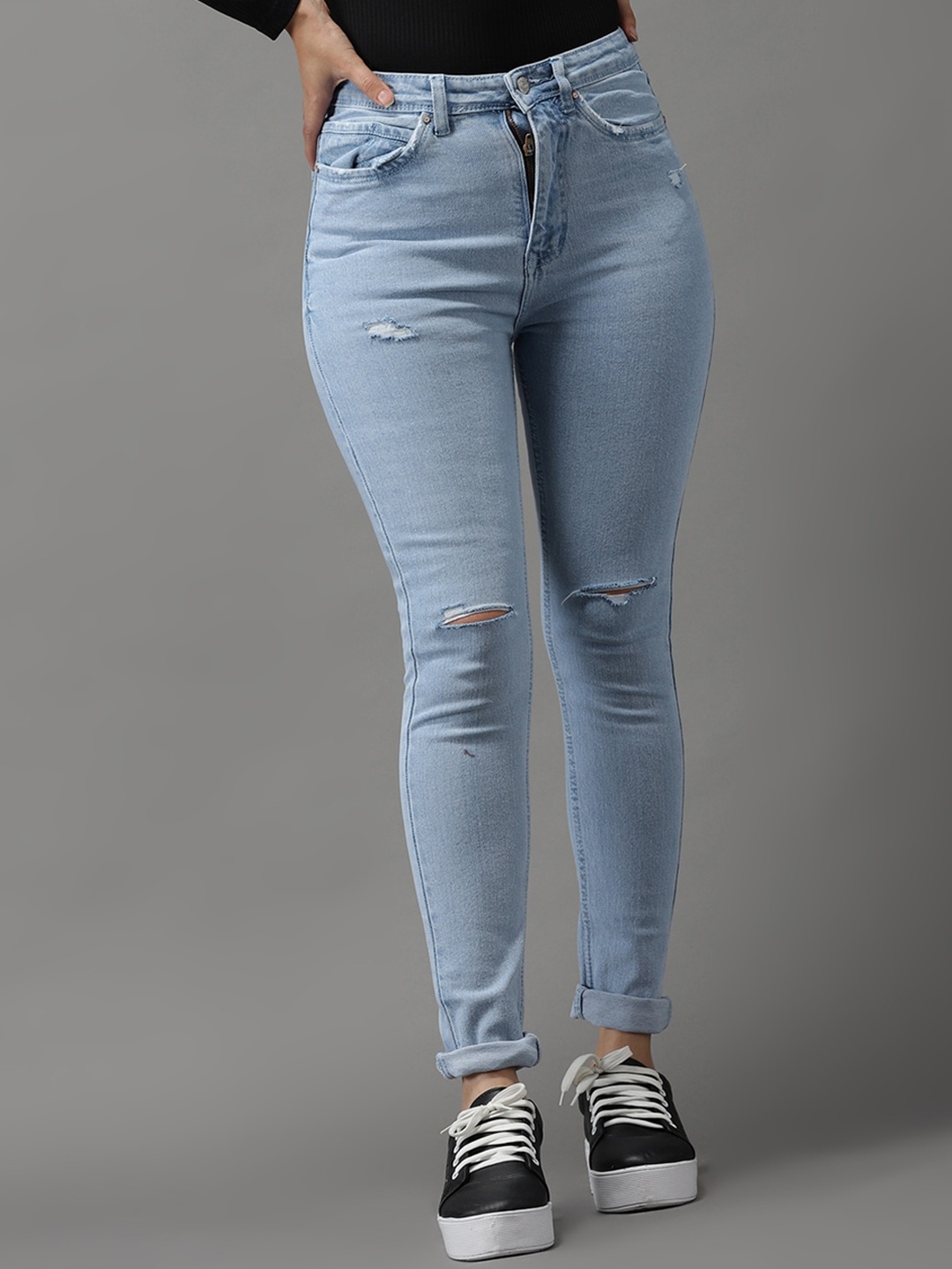 

SHOWOFF Women Blue Jean Slim Fit High-Rise Low Distress Light Fade Stretchable Jeans
