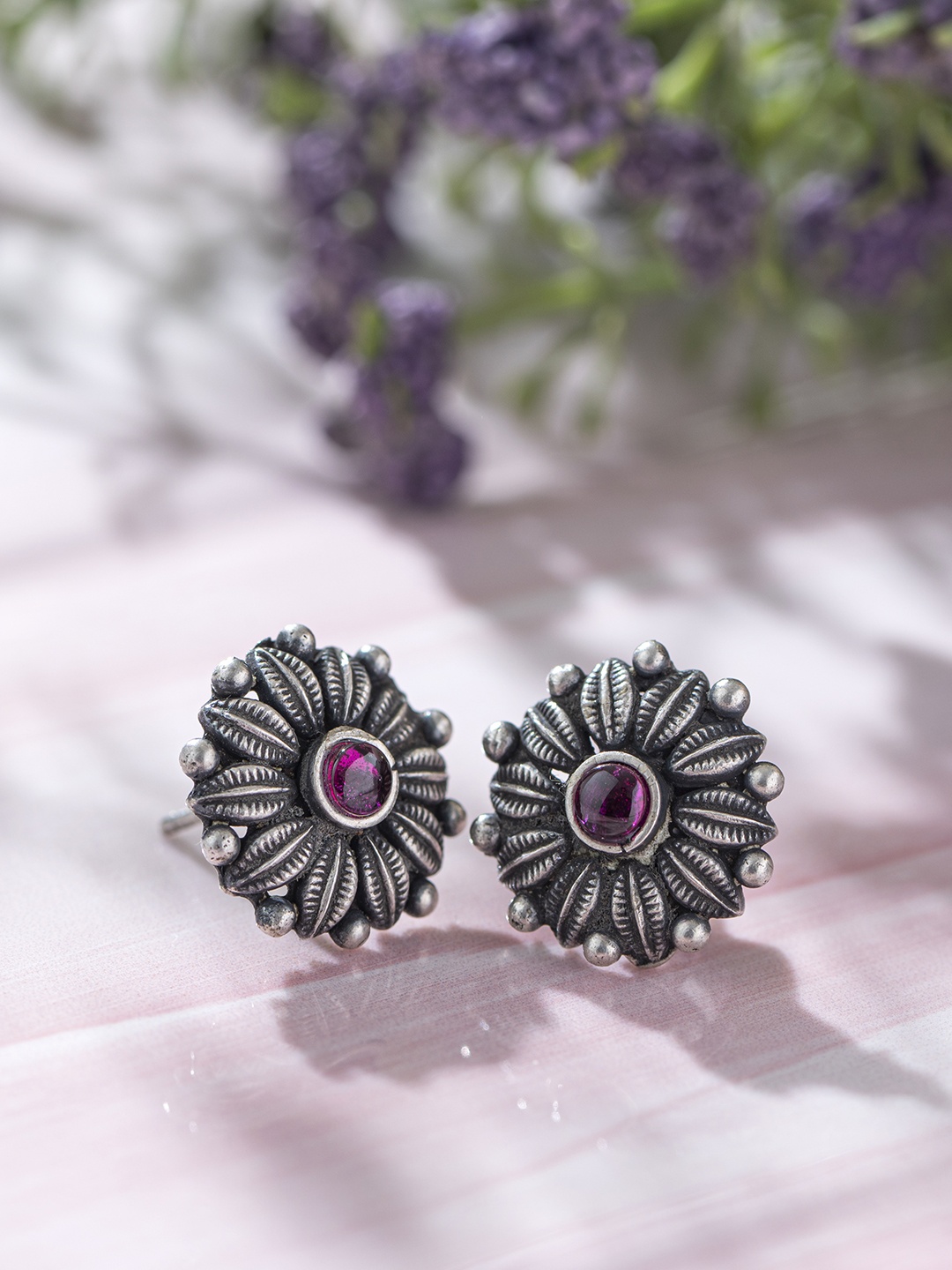 

Zavya Silver-Plated & Pink Floral Studs Earrings