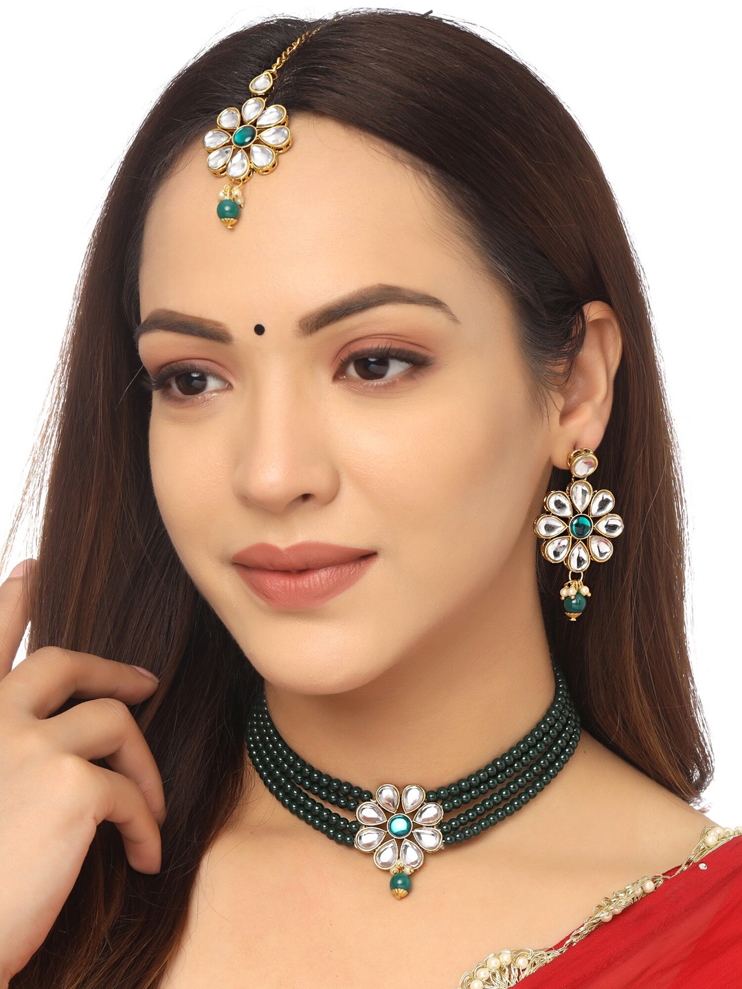 

Yellow Chimes Gold Plated Green Floral Charmed Chokker Jewellery set with maangtikka