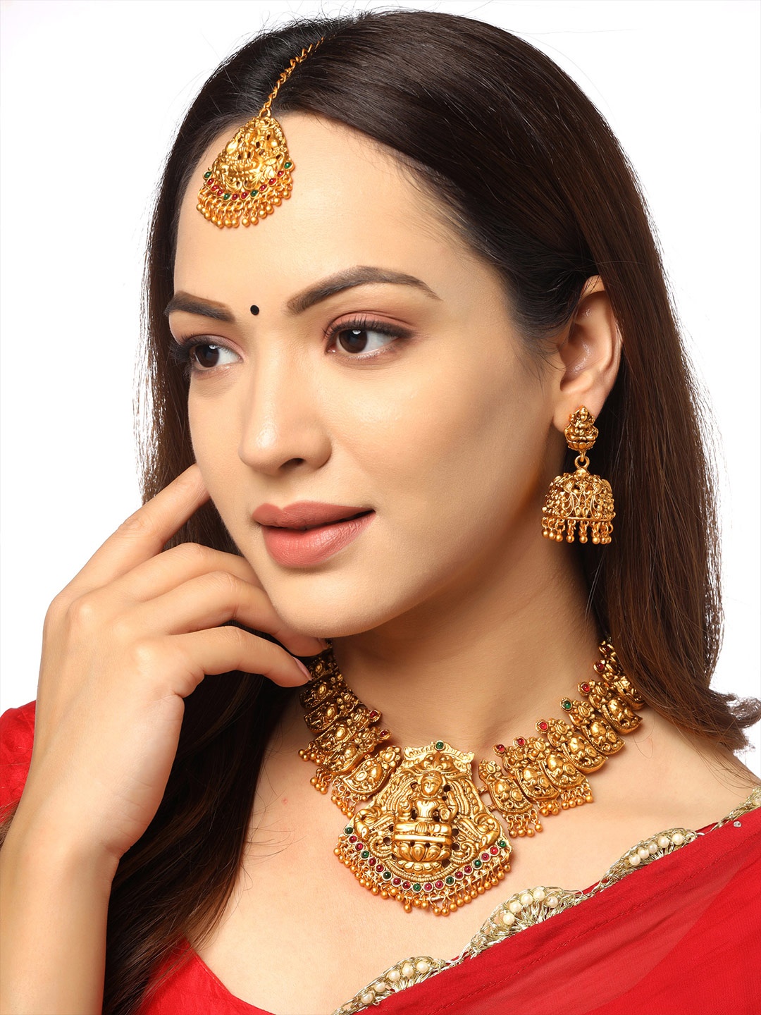 

Yellow Chimes Gold Plated Stone Studded Lakshmi Temple Jewellery Set with Maangtikka