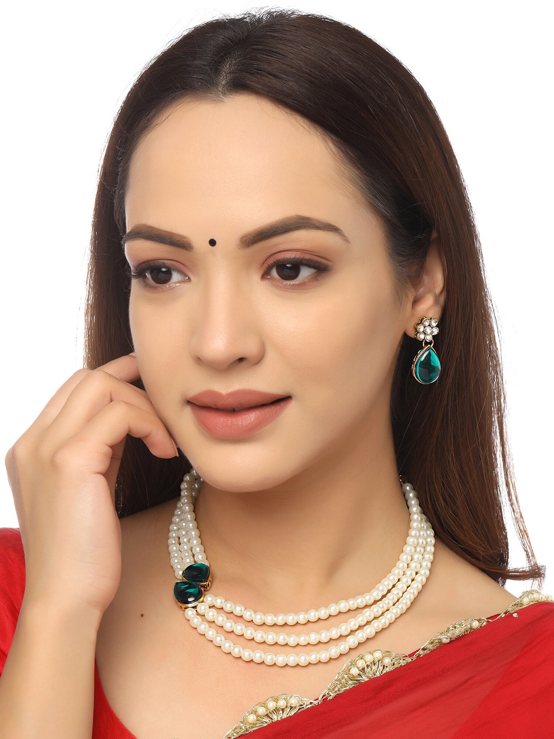 

Yellow Chimes Gold Toned & White Pearl Beaded Long Jewellery Set