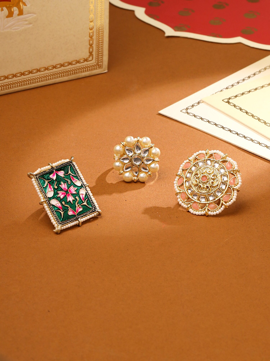 

Yellow Chimes Set of 3 White Kundan Studded Meenakari Designed Finger Ring, Gold
