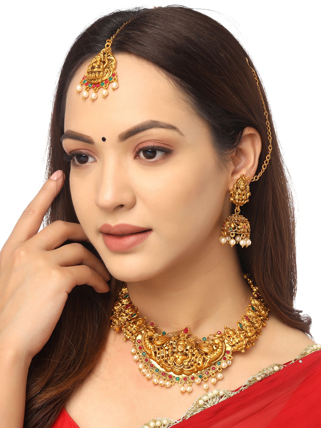 

Yellow Chimes Gold Plated Stone Moti Studded Lakshmi Temple Jewellery Set with Maangtikka