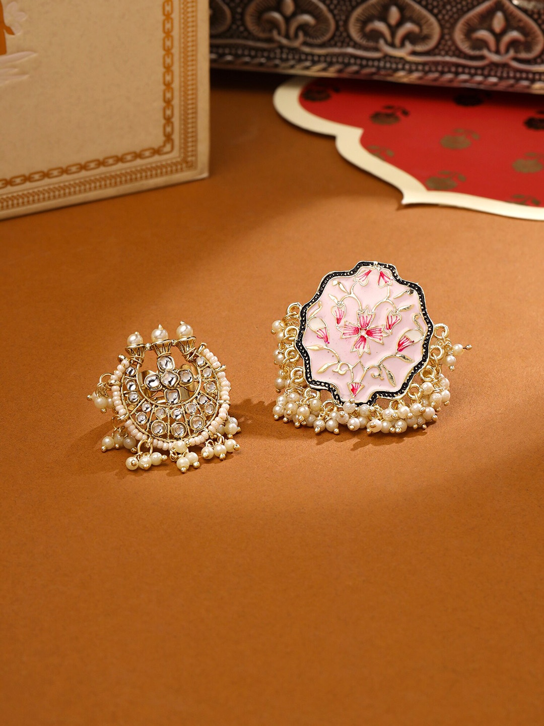 

Yellow Chimes Set of 2 White Kundan Studded Meenakari Designed Finger Ring, Gold