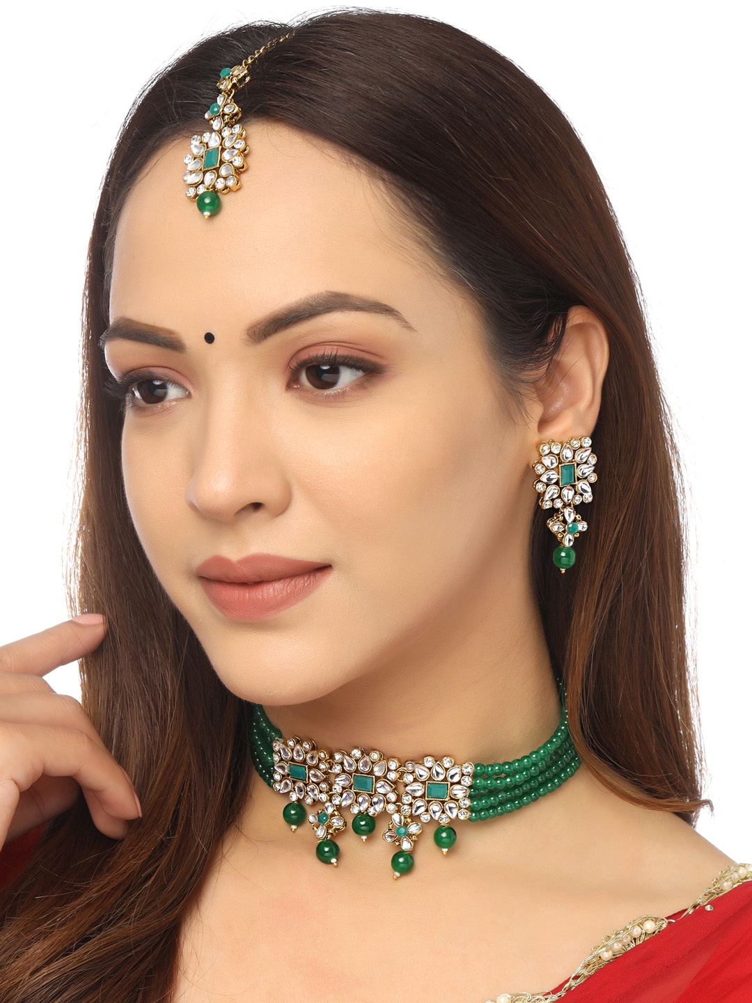 

Yellow Chimes Gold Plated Green Beaded Chokker Jewellery Set with Maangtikka