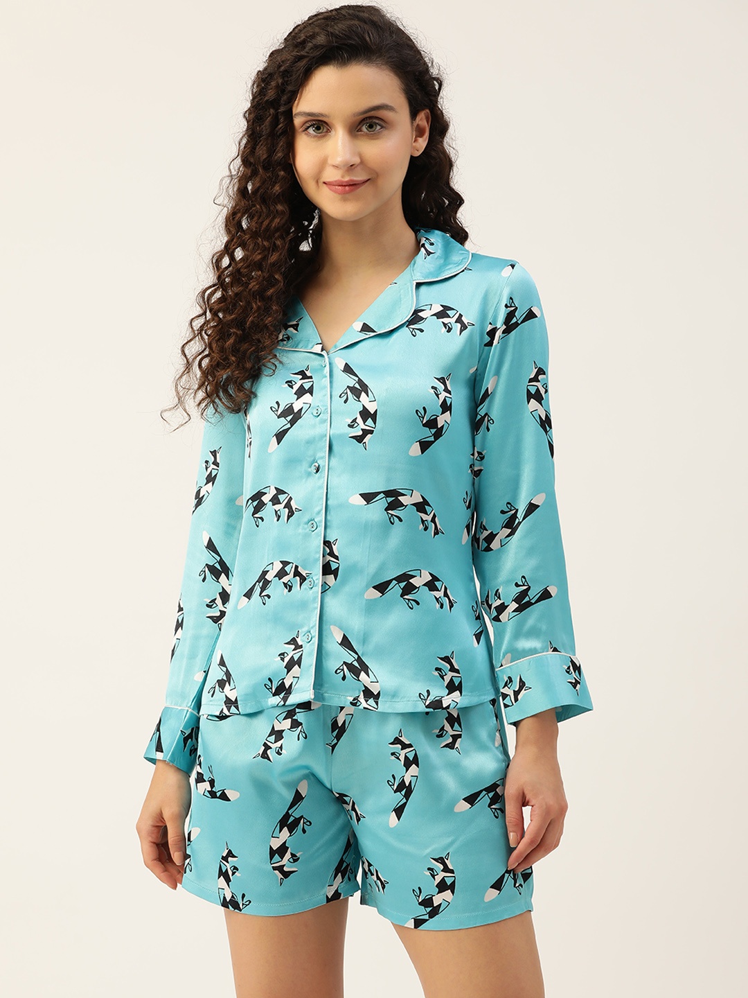 

Clovia Women Fox Printed Satin Button Down Shirt & Shorts, Blue