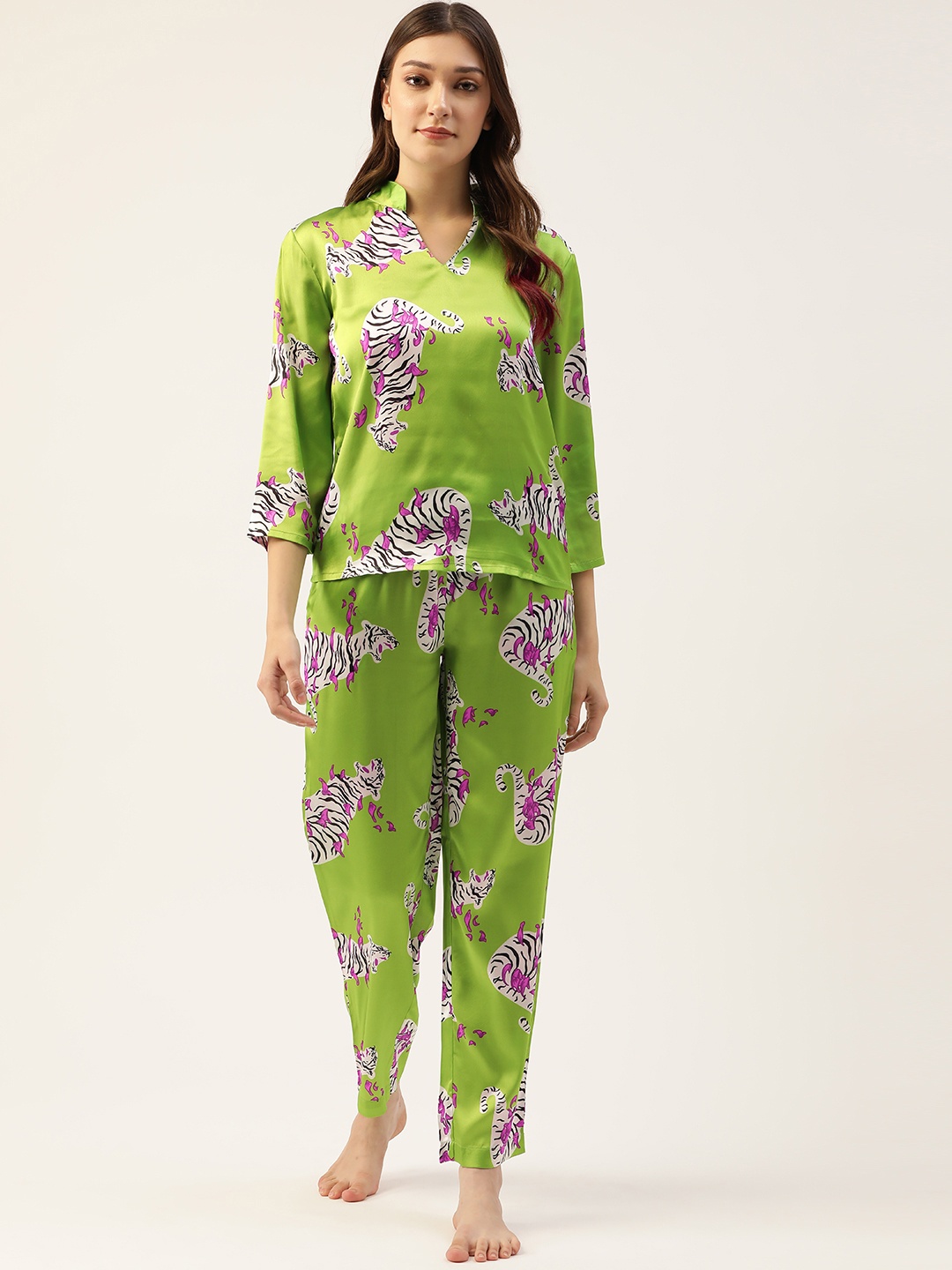 

Clovia Tiger Print Top & Pyjama Set, Green