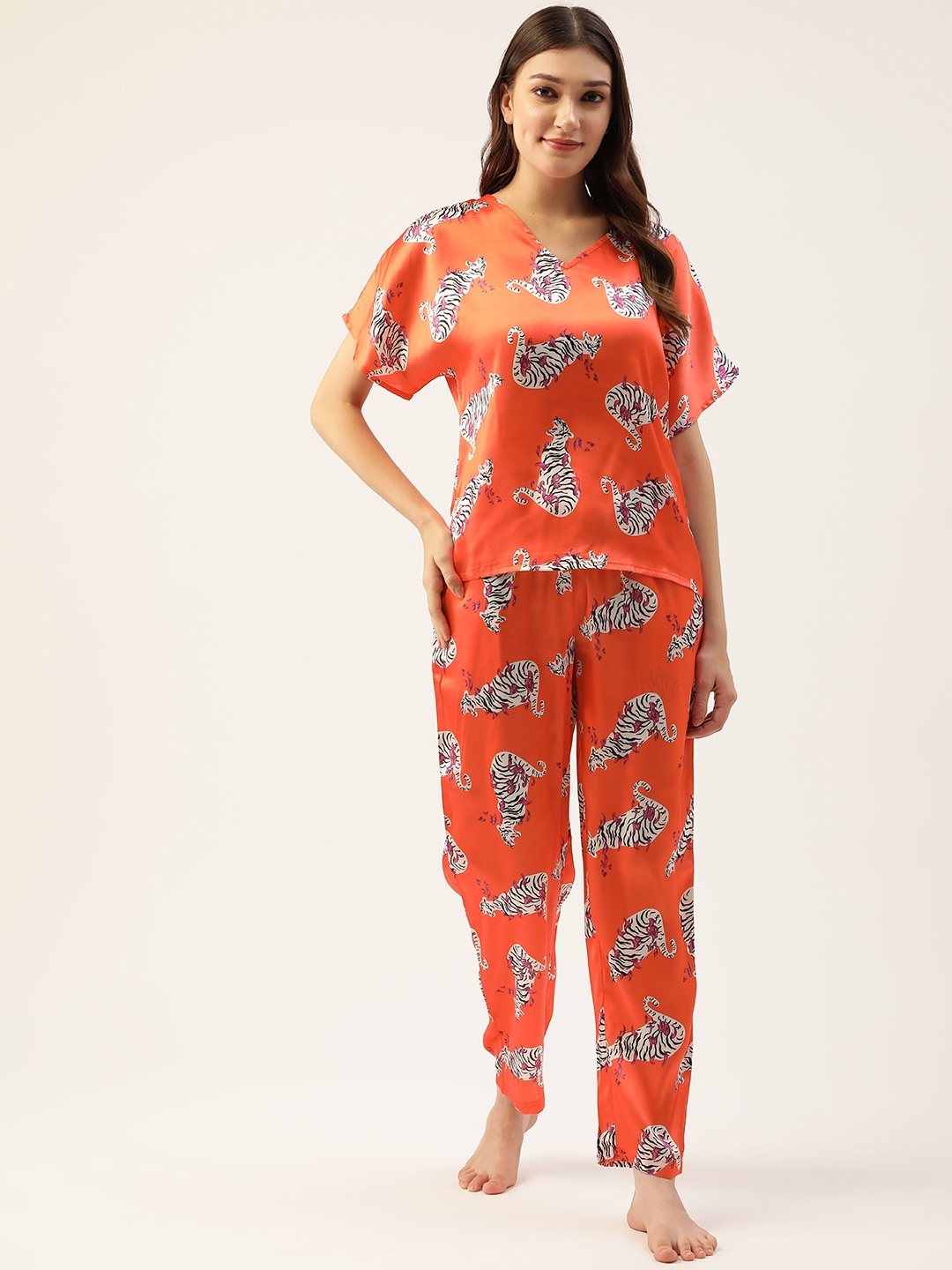 

Clovia Women Orange Satin Printed Night suit