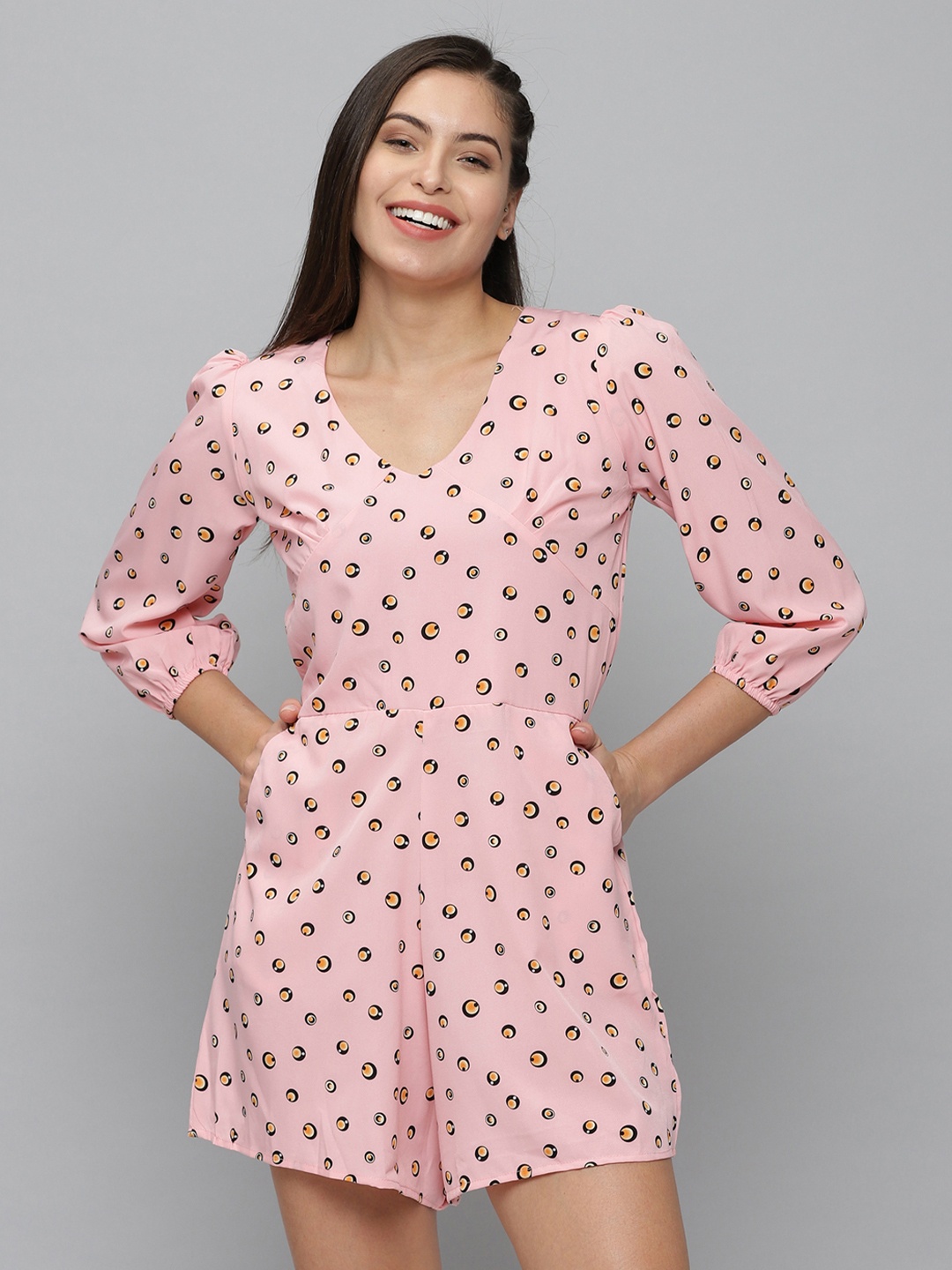 

SHOWOFF Women Printed V-Neck Three-Quarter Sleeves Jumpsuit, Pink
