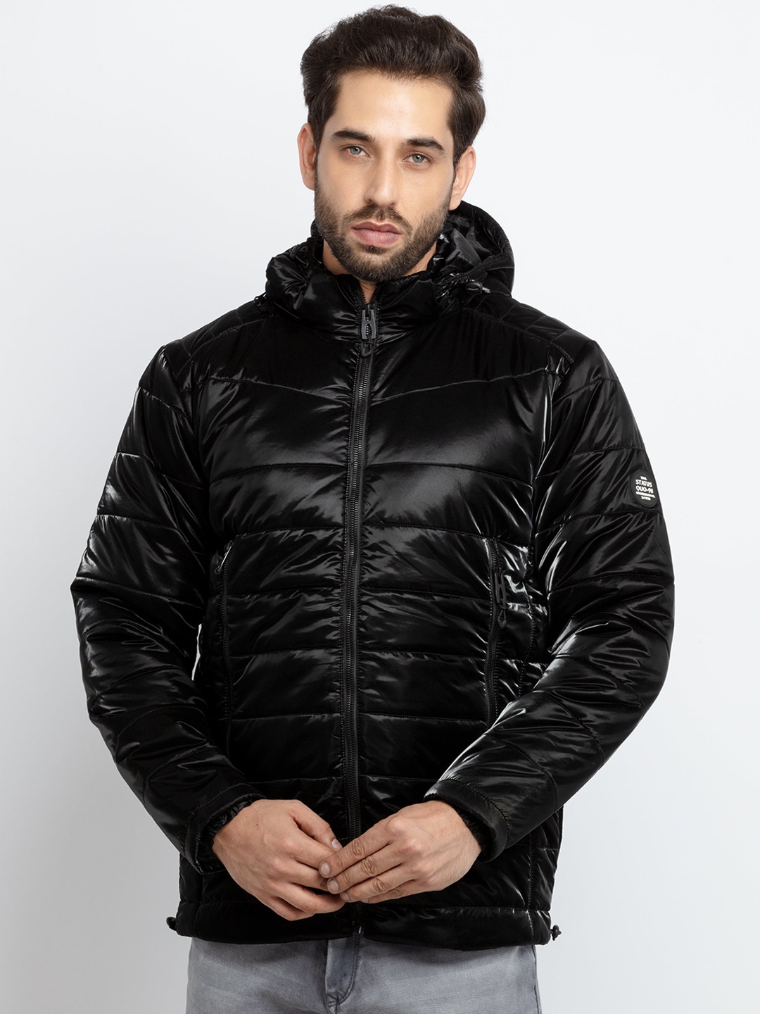 

Status Quo Men Black Hooded Polyester Padded Jacket