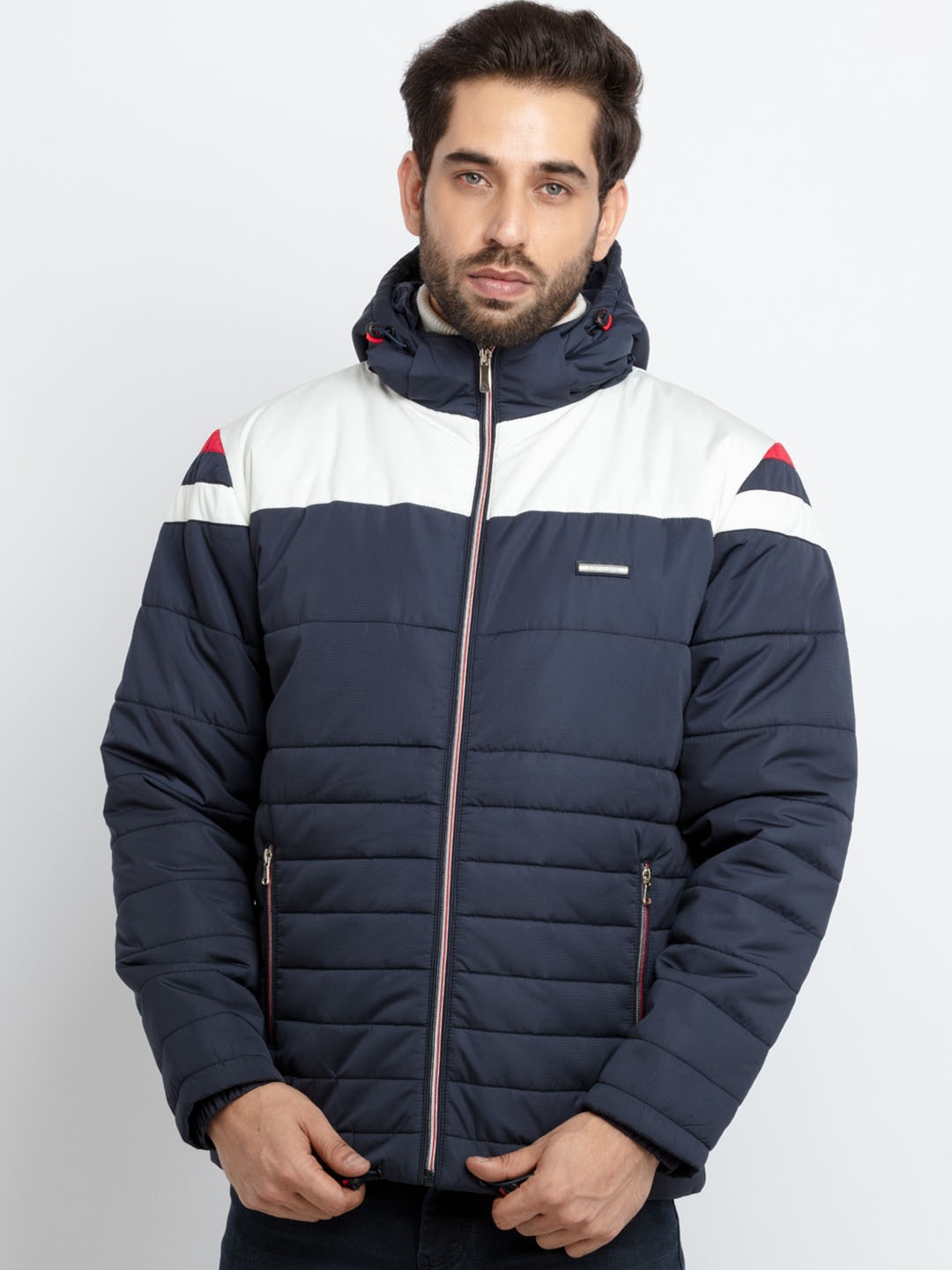 

Status Quo Men Navy Blue White Colourblocked Polyester Puffer Jacket