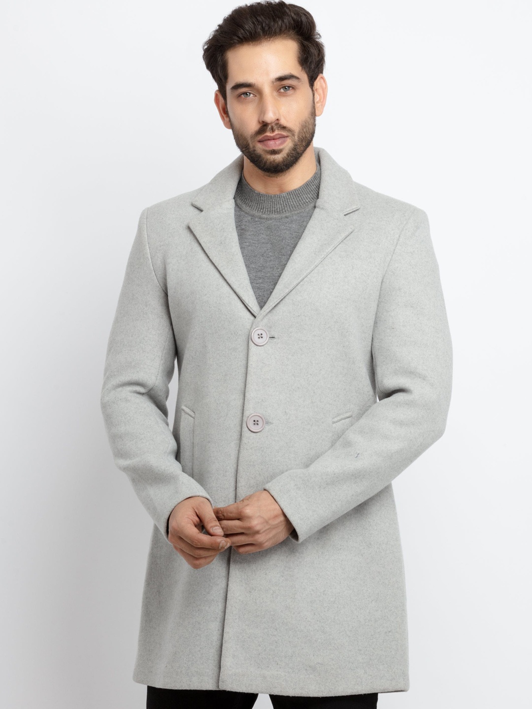 

Status Quo Men Grey Solid Longline Overcoat