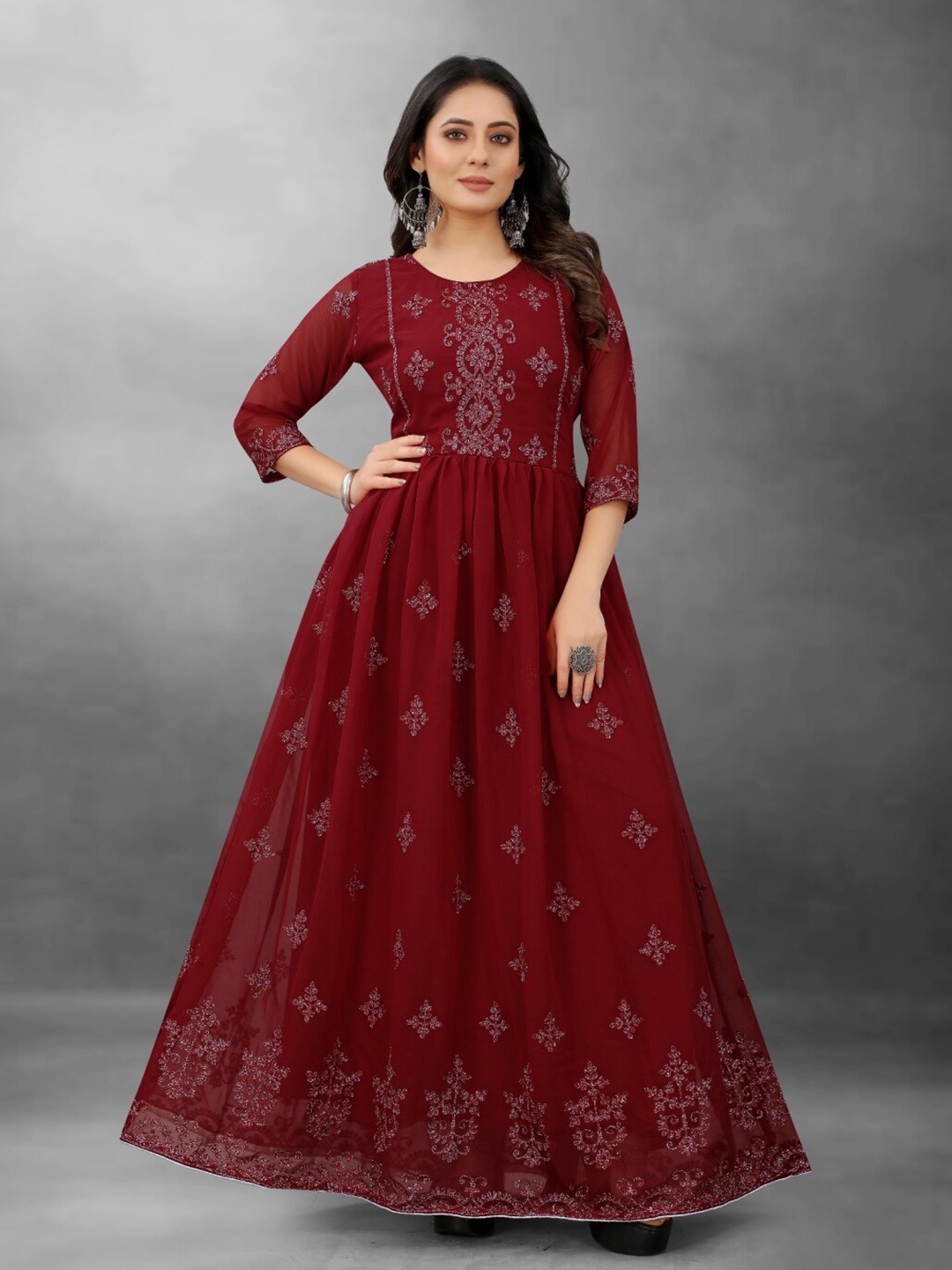 

APNISHA Women Maroon Embellished Georgette Maxi Dress