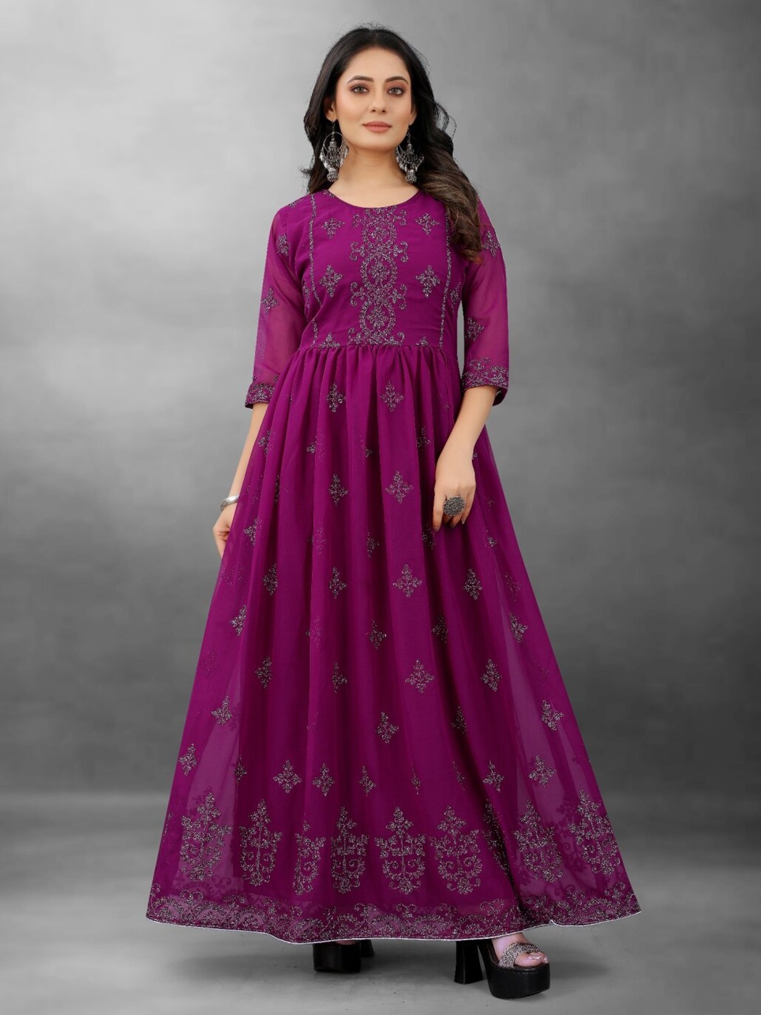 

APNISHA Purple Ethnic Motifs Embellished Georgette Maxi Dress