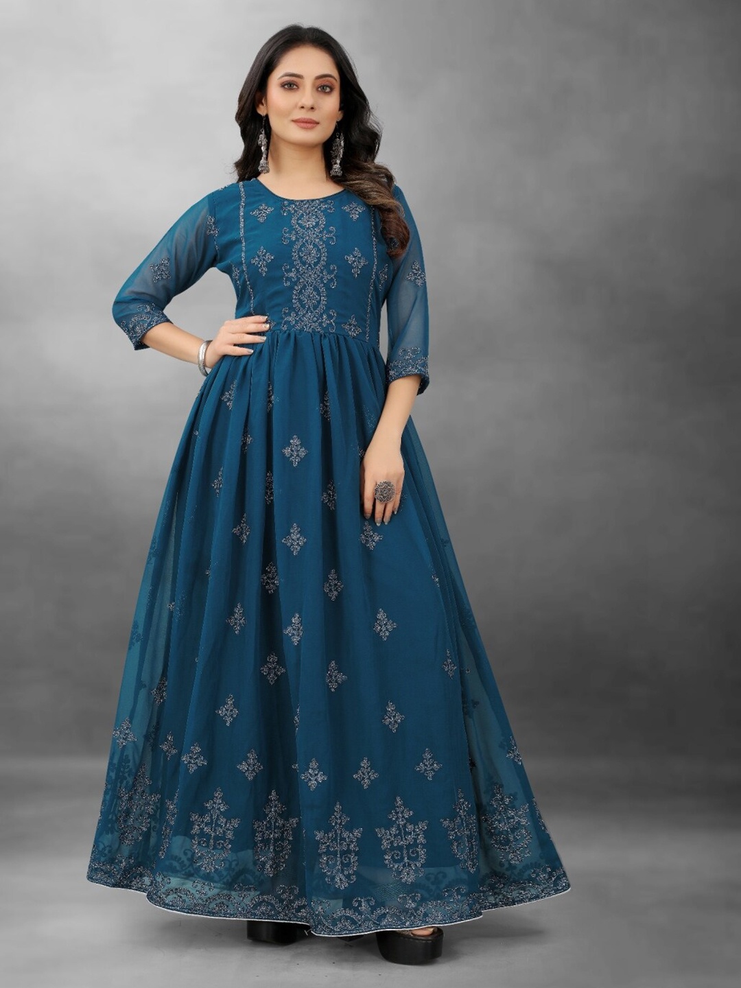 

APNISHA Ethnic Motifs Embellished Georgette Maxi Dress, Blue