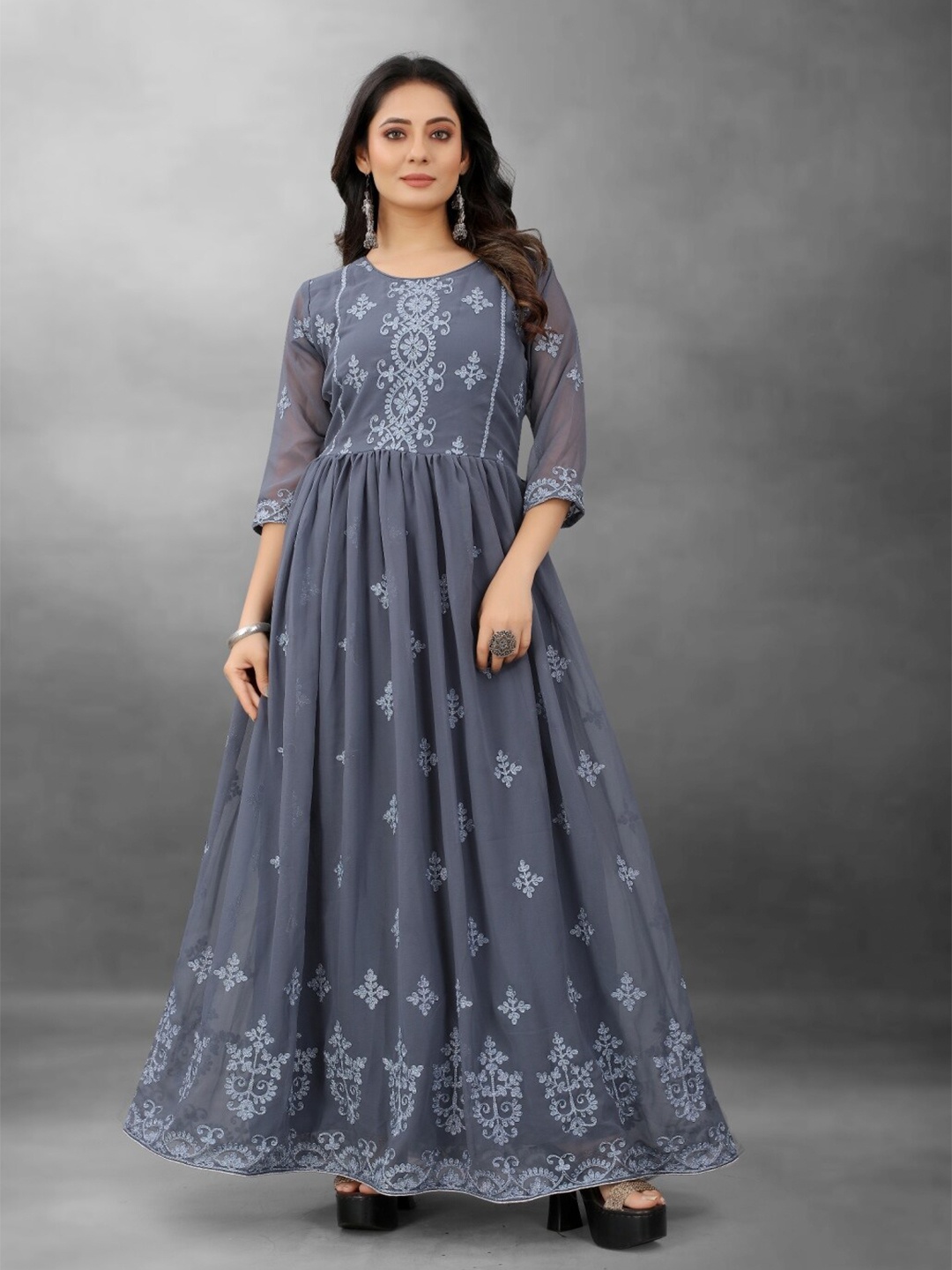 

APNISHA Grey Floral Georgette Embellished Maxi Dress