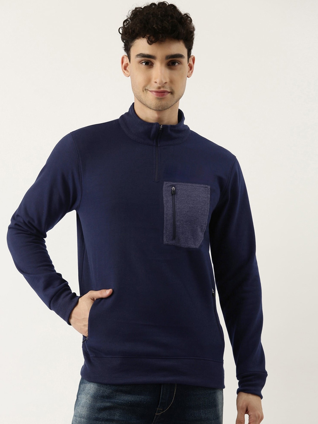 

Maniac Men Navy Blue Pure Cotton Half Zip Mock Collar Slim Fit Tailored Jacket