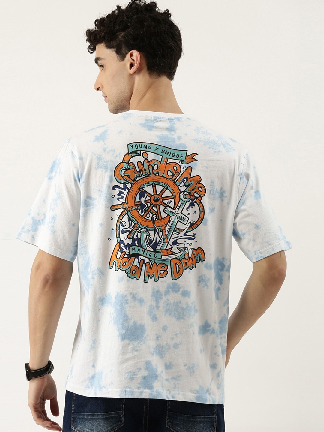Maniac Graphic Printed Drop-Shoulder Sleeves Cotton Oversized T-shirt, White