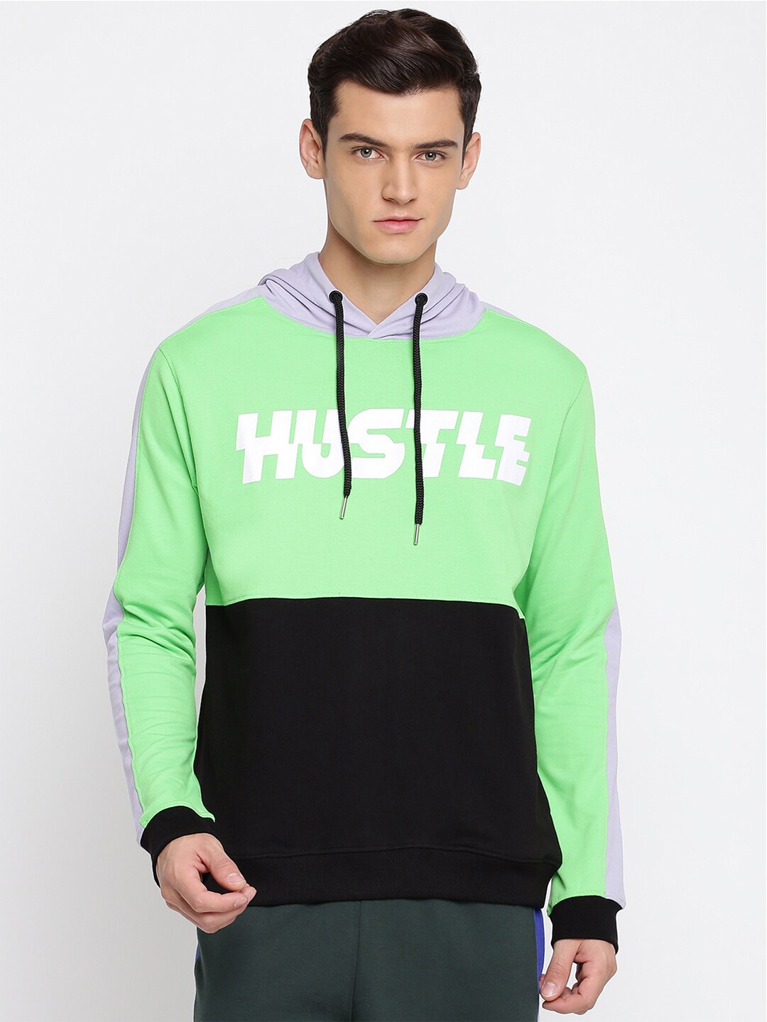 

abof Men Green Colourblocked Hooded Sweatshirt