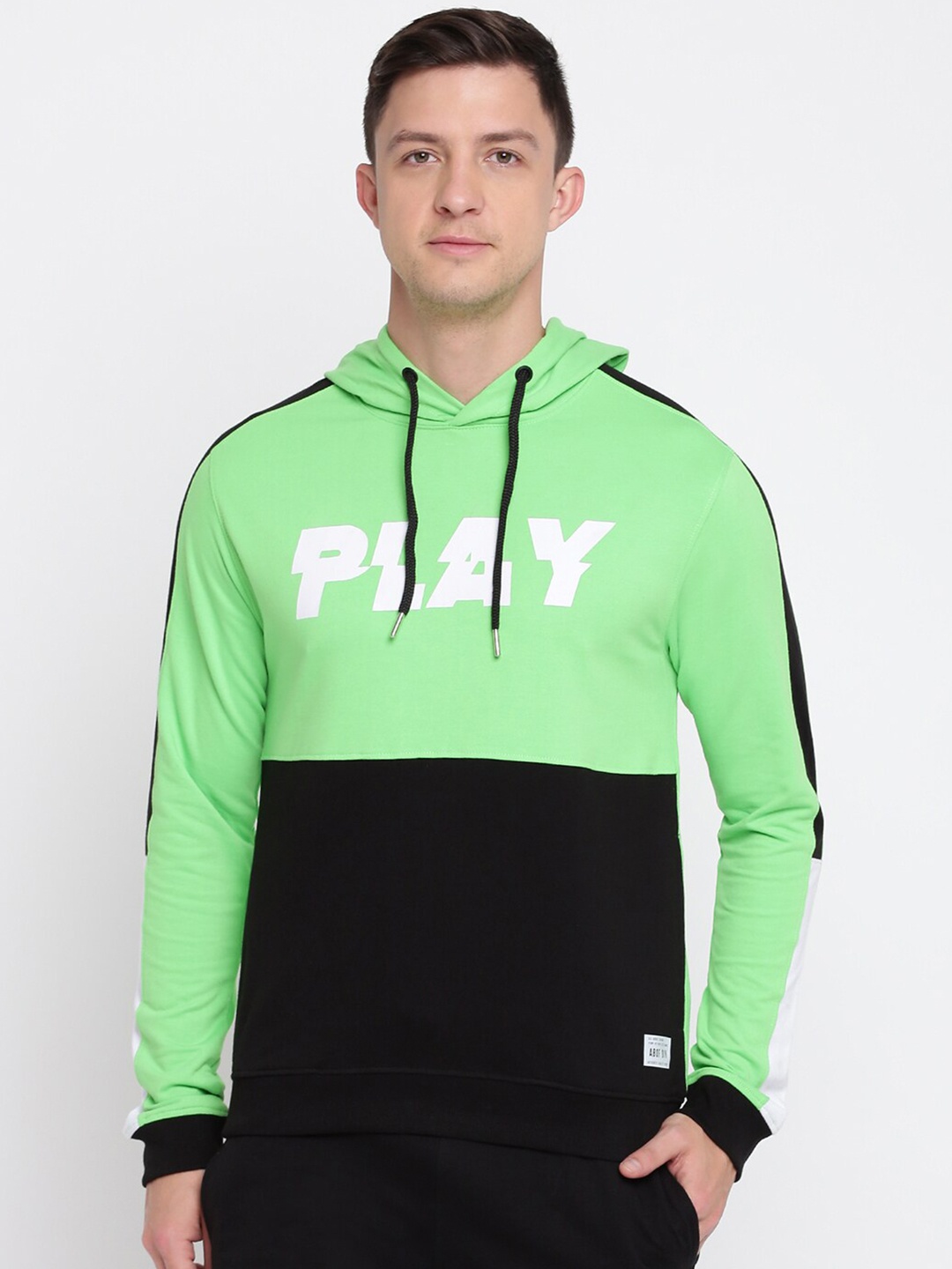 

abof Men Green Colourblocked Hooded Sweatshirt