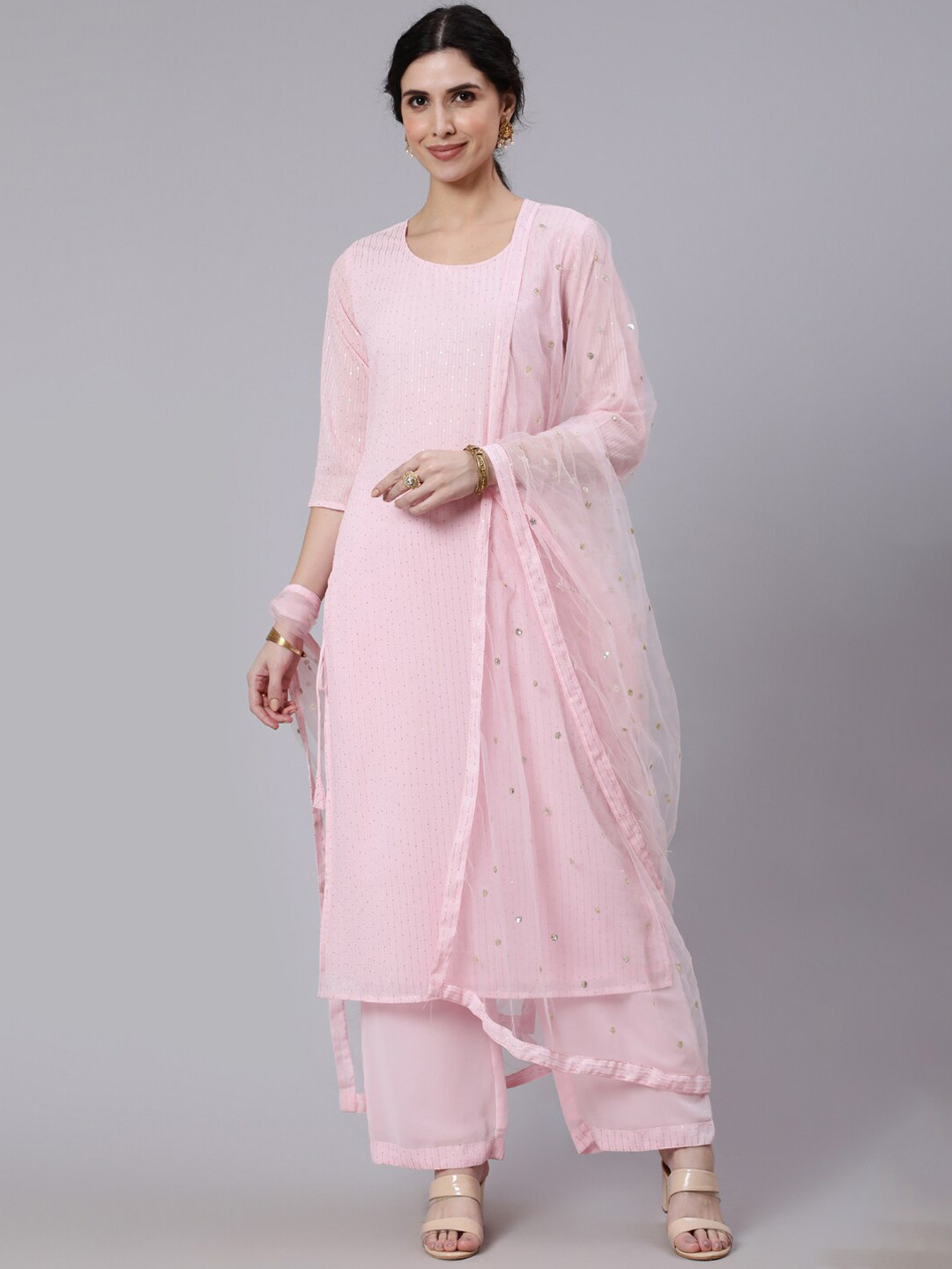 

Nayo Women Embroidered Sequinned Kurta with Trouser & Dupatta, Pink