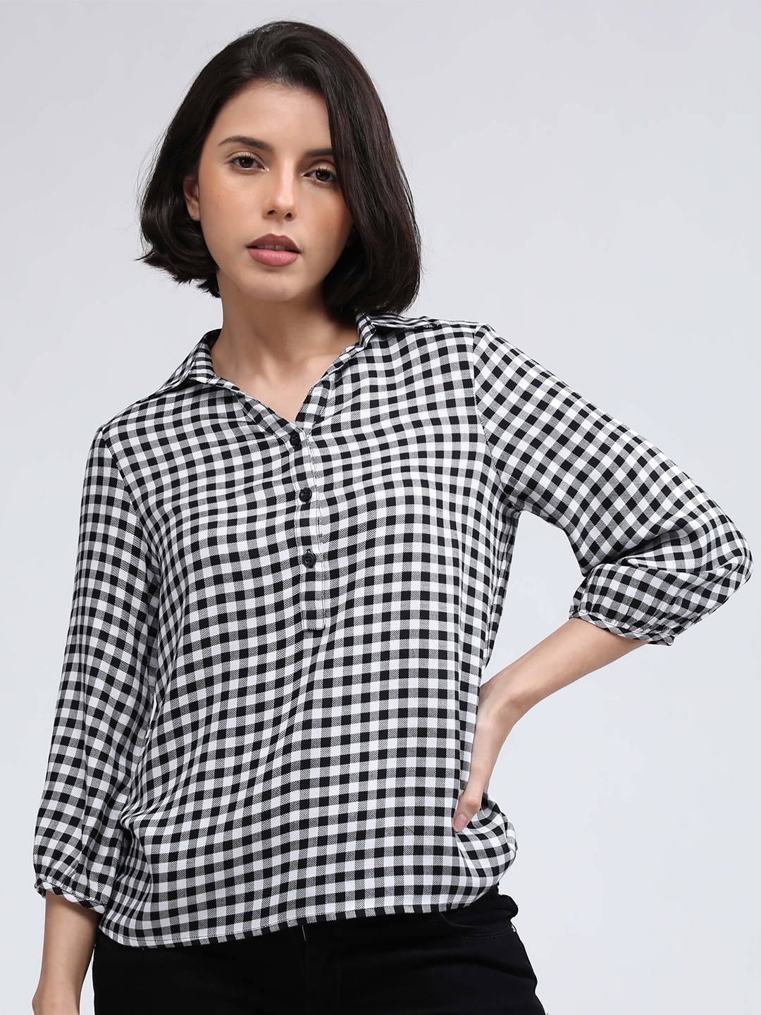

IDK Women White & Black Checked Shirt Style Top