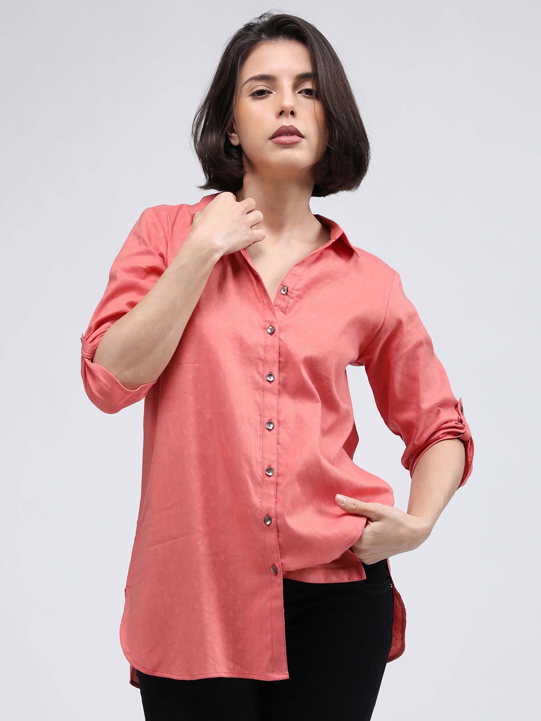 

IDK Women Peach-Coloured Roll-Up Sleeves Shirt Style Longline Top