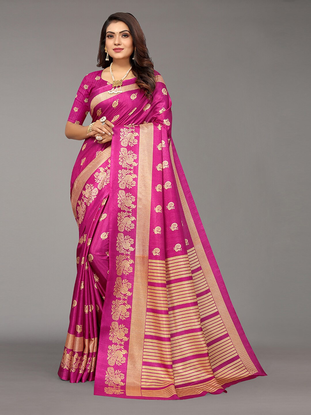 

KALINI Magenta & Gold-Toned Ethnic Motifs Art Silk Saree