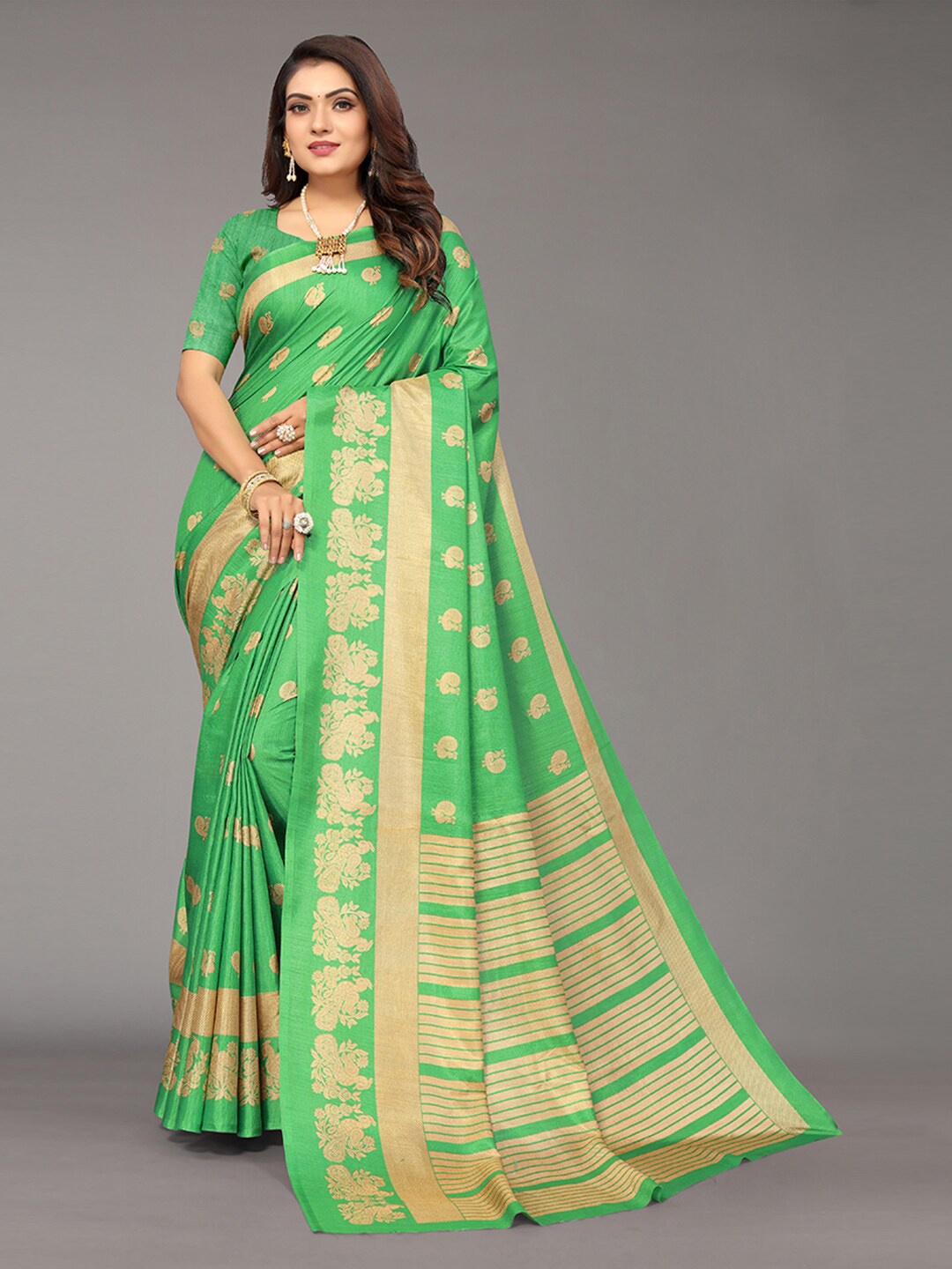 

KALINI Lime Green & Gold-Toned Ethnic Motifs Art Silk Saree