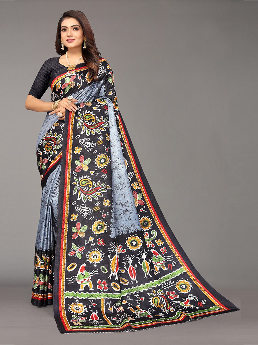 

KALINI Grey & Green Floral Art Silk Saree