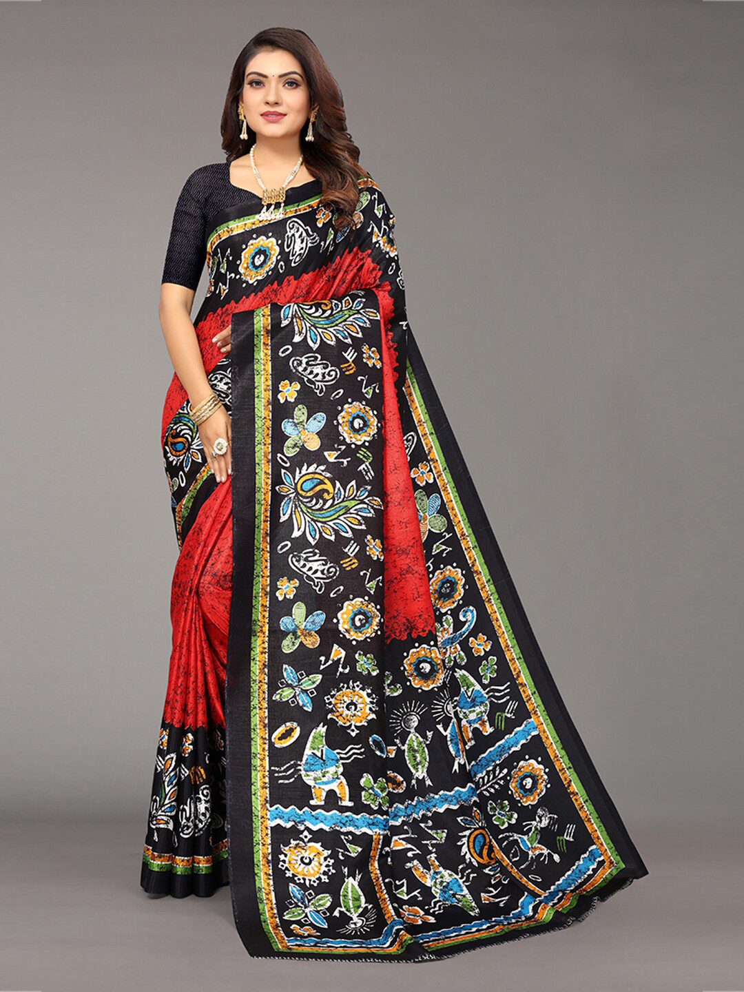 

KALINI Red & Red Floral Art Silk Saree