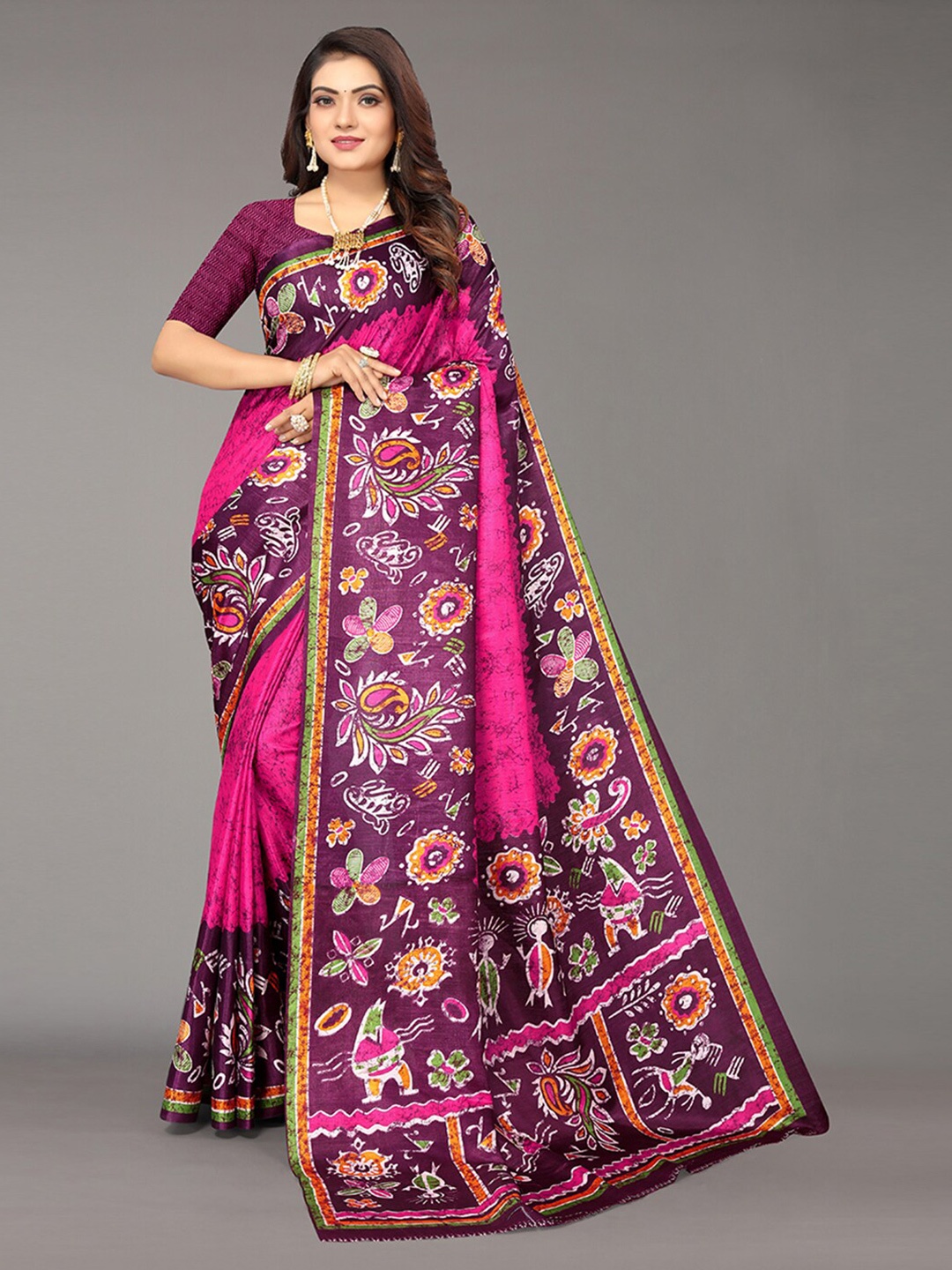

KALINI Pink & Green Floral Art Silk Saree