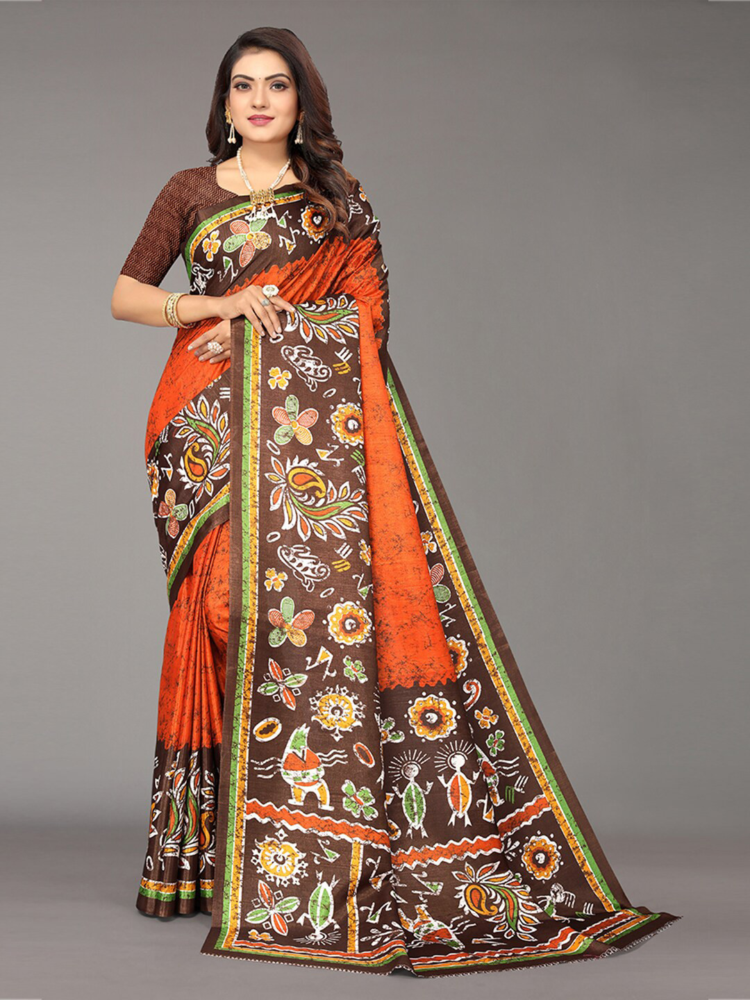 

KALINI Orange & Brown Floral Art Silk Saree