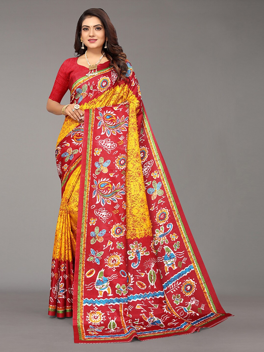 

KALINI Yellow & Red Ethnic Motifs Art Silk Saree