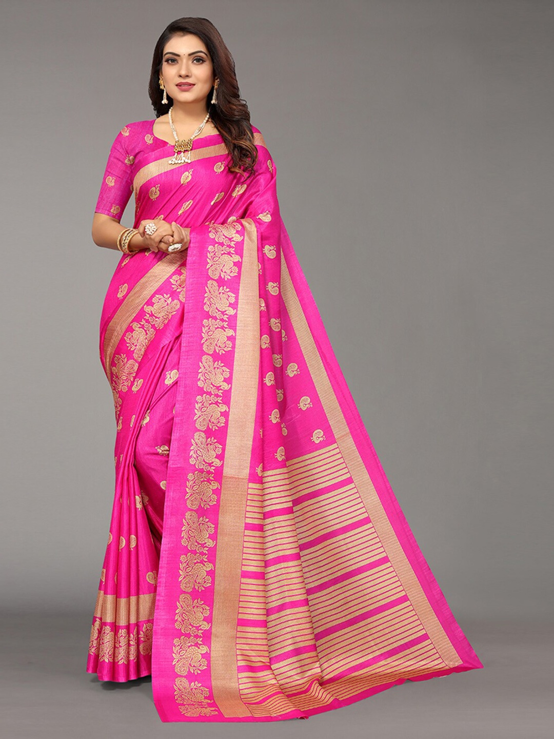 

KALINI Pink & Gold-Toned Ethnic Motifs Art Silk Saree