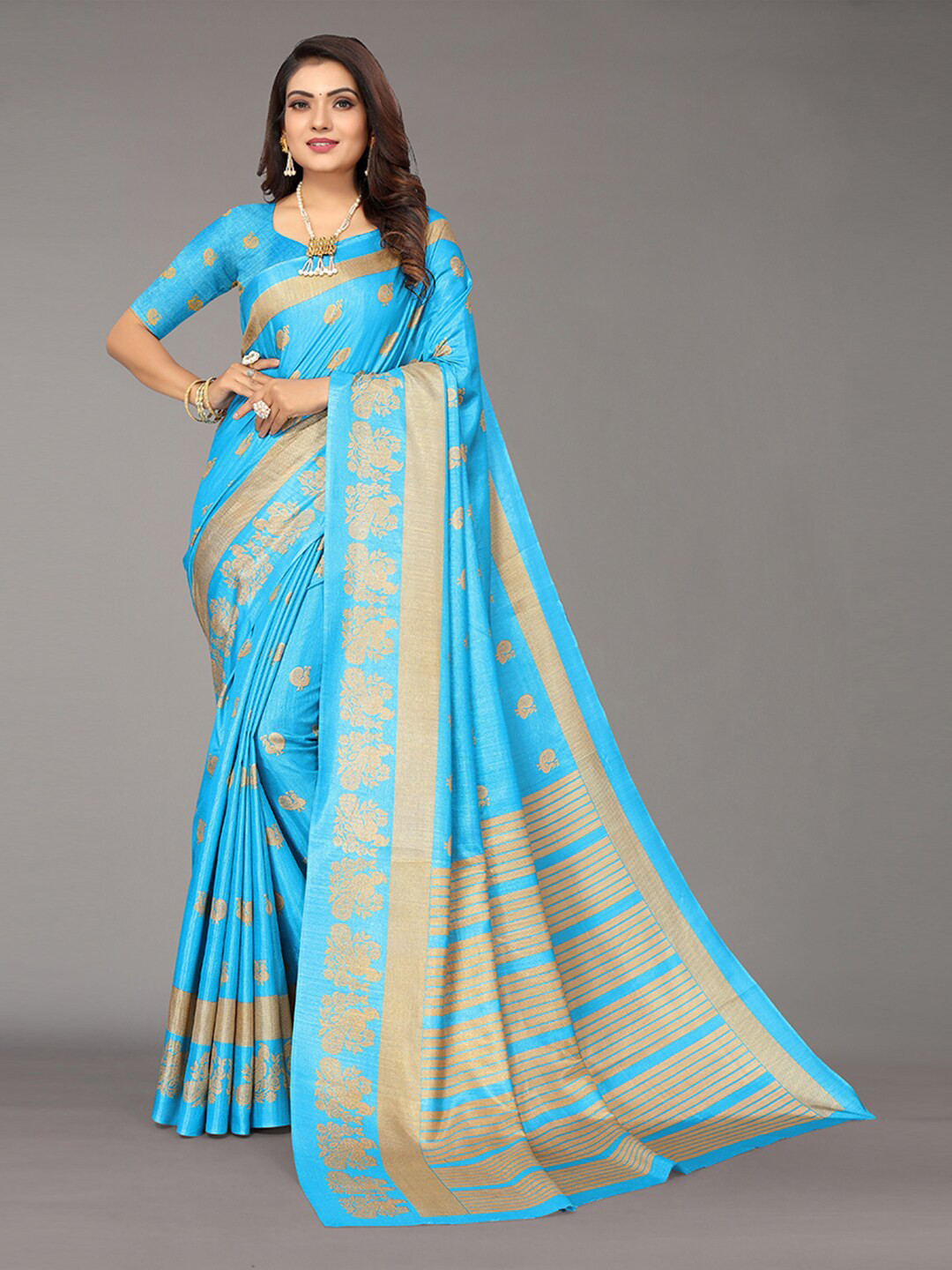 

KALINI Blue & Beige Floral Art Silk Saree