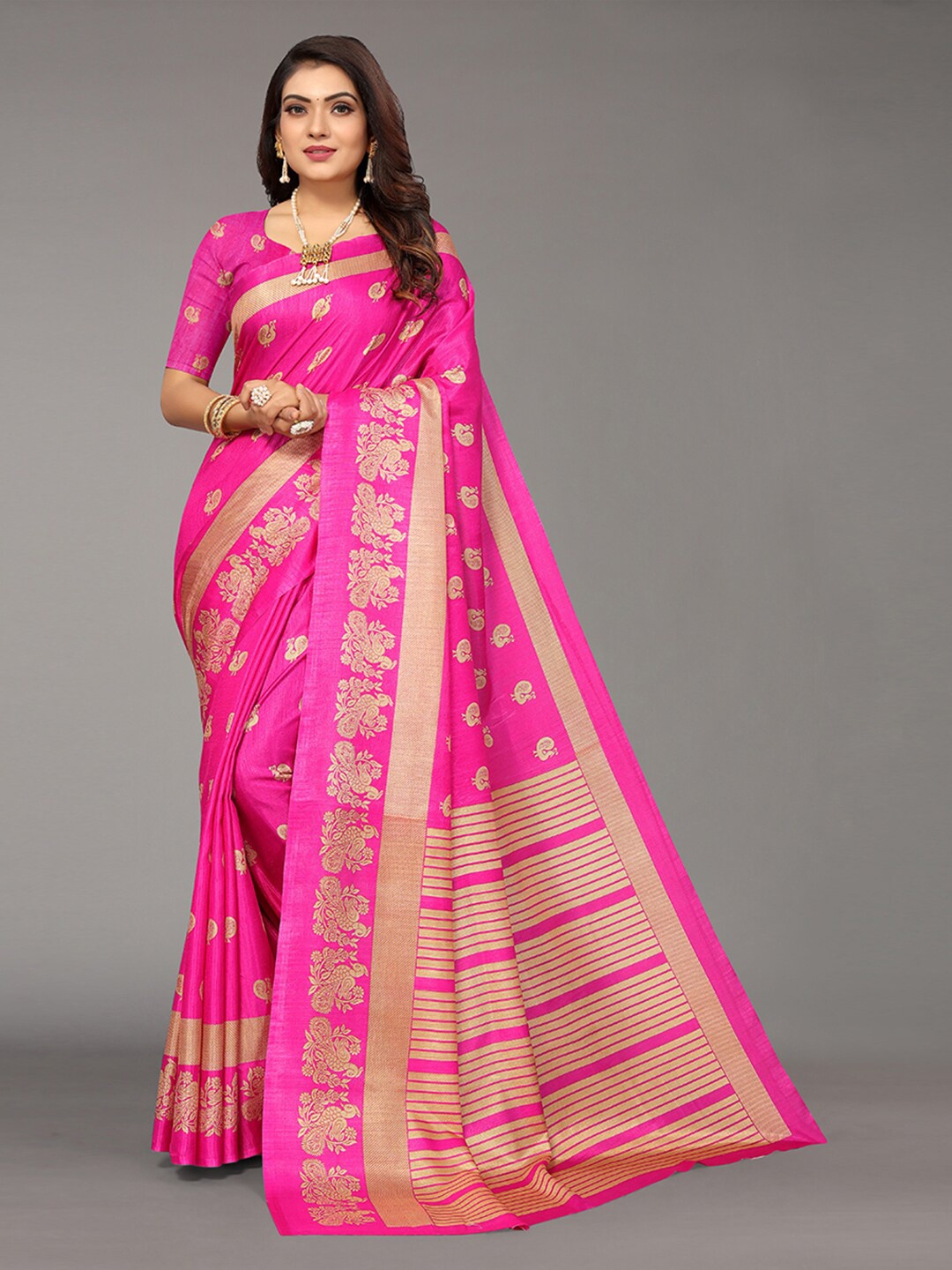 

KALINI Pink & Gold-Toned Floral Art Silk Saree