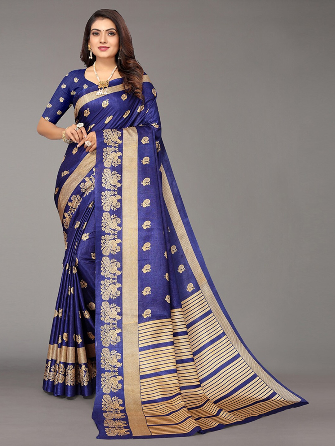 

KALINI Navy Blue & Gold-Toned Ethnic Motifs Art Silk Saree