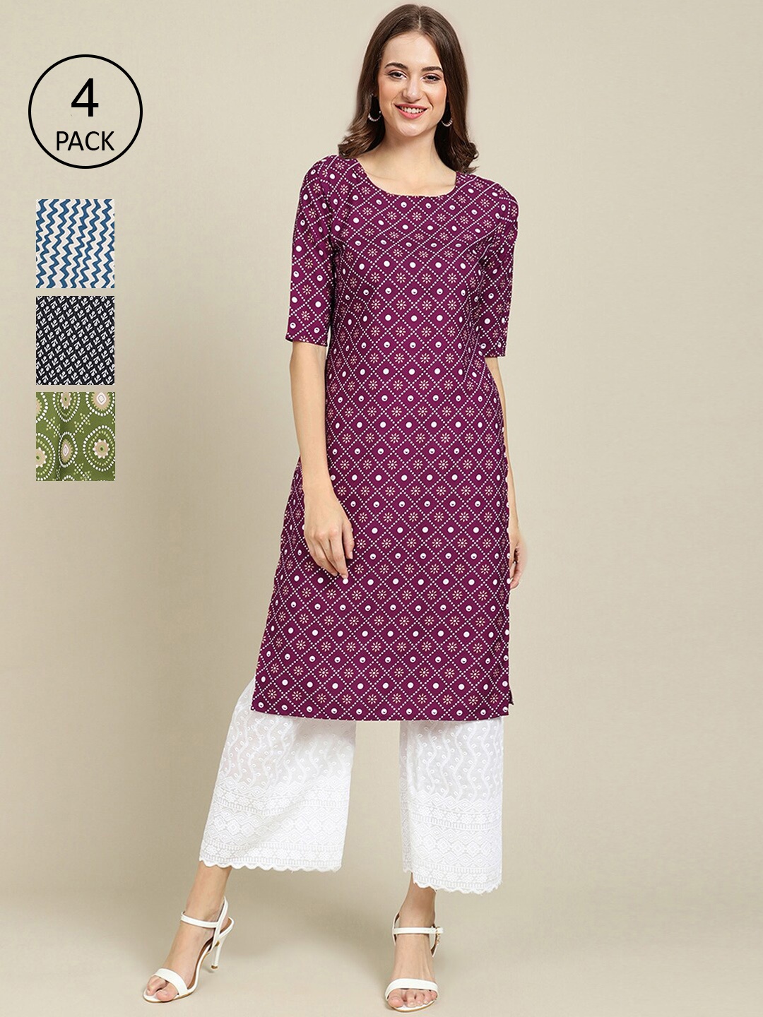 

Ethnic basket Women Pack of 4 Printed Straight Crepe Kurta, Green