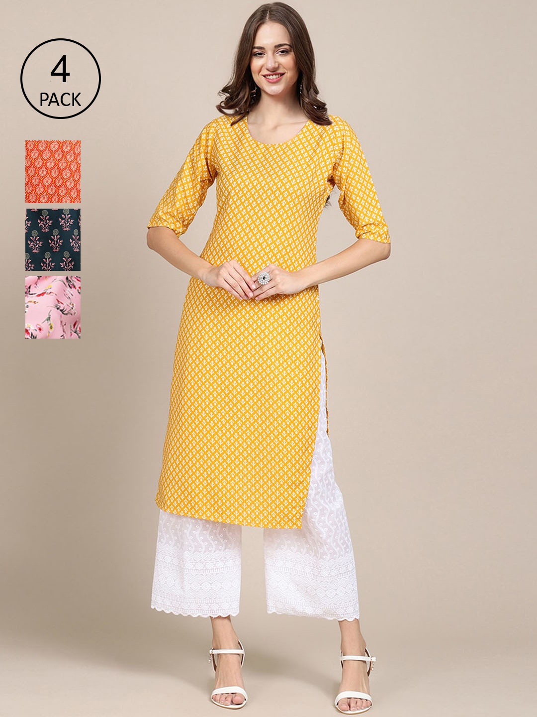 

Ethnic basket Women Pack Of 4 Yellow & Red Floral Printed Block Print Crepe Kurta
