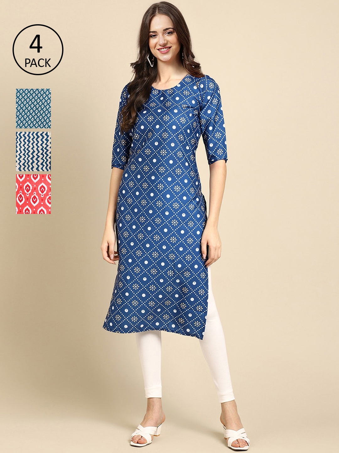 

Ethnic basket Women Pack of 4 Printed Straight Crepe Kurta, Blue