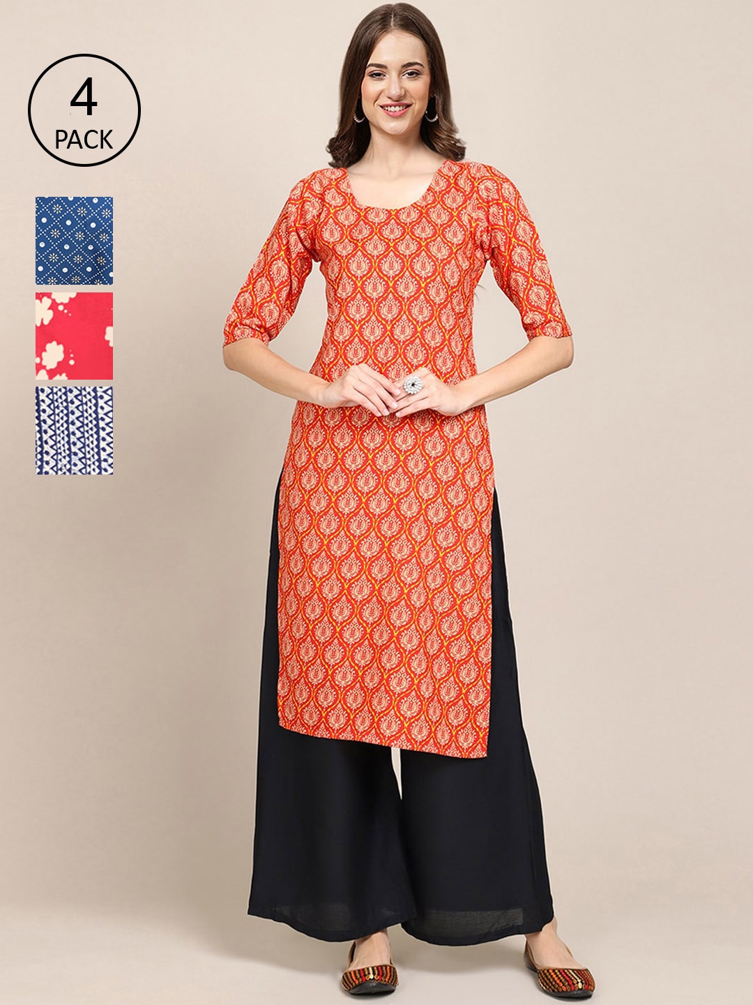 Ethnic basket Women Pack of 4 Printed Straight Crepe Kurta, Blue