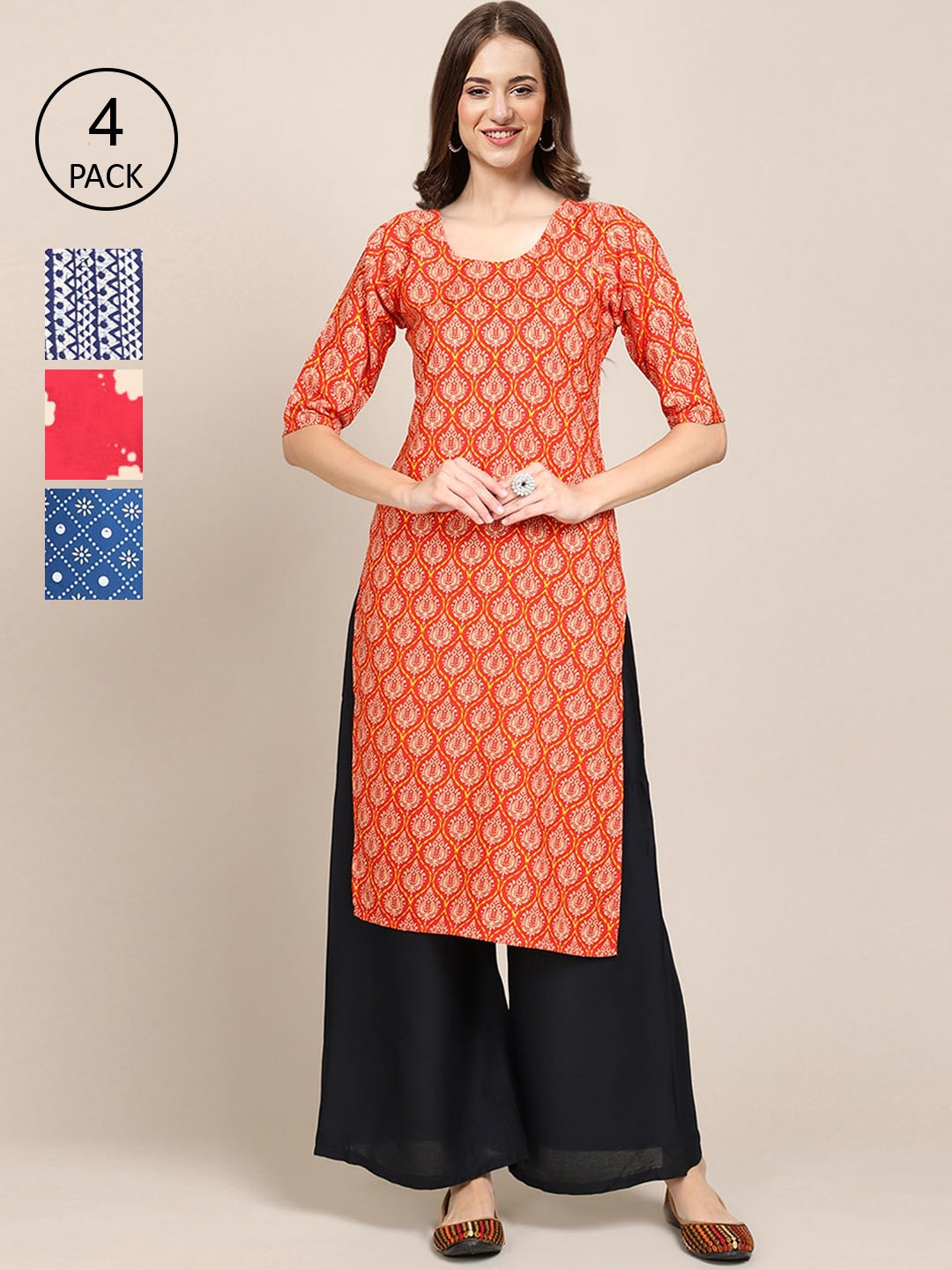

Ethnic basket Women Pack of 4 Printed Straight Crepe Kurta, Orange