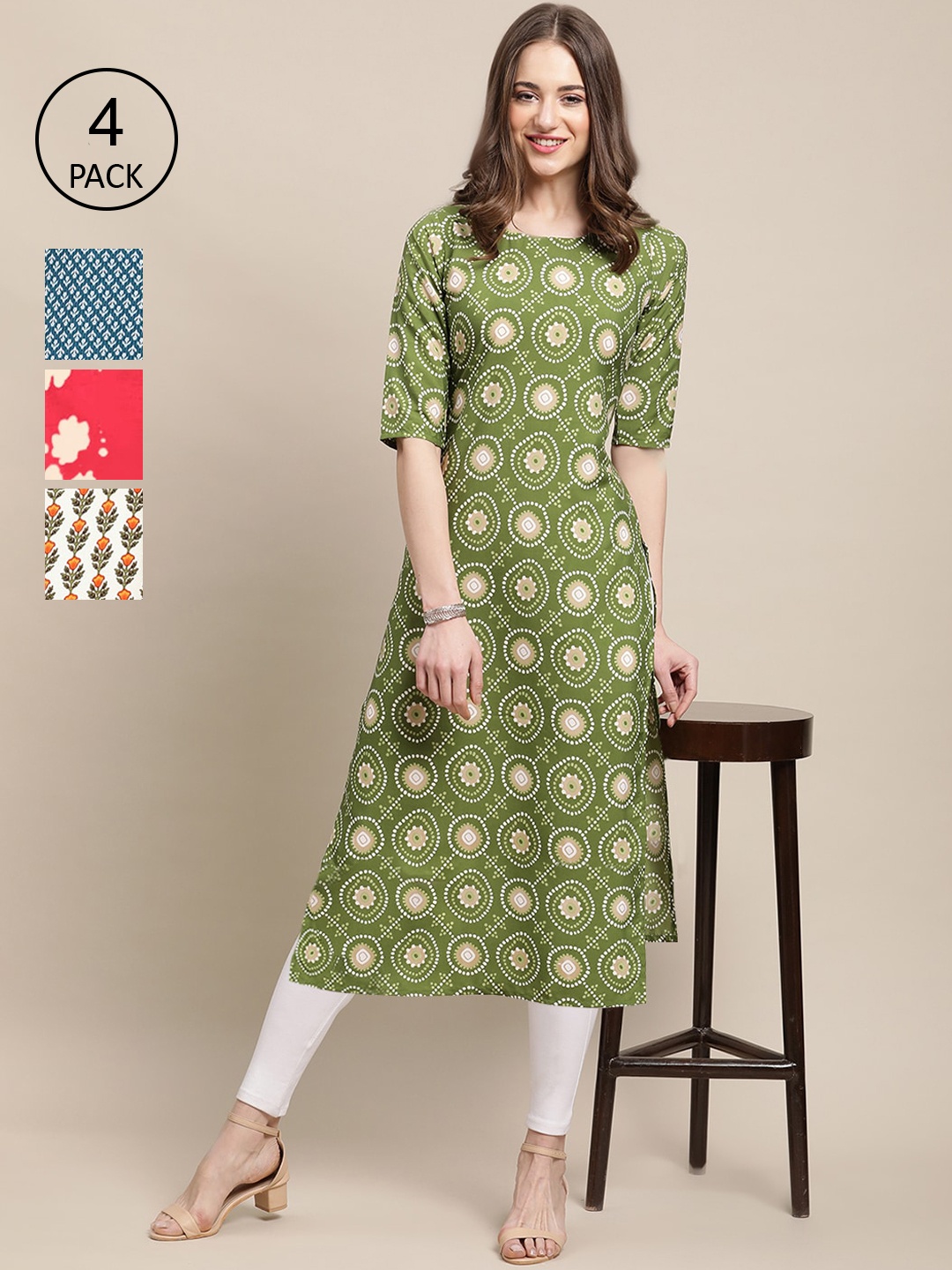 

Ethnic basket Women Multicoloured Floral Embroidered Thread Work Block Print Crepe Kurta, Multi