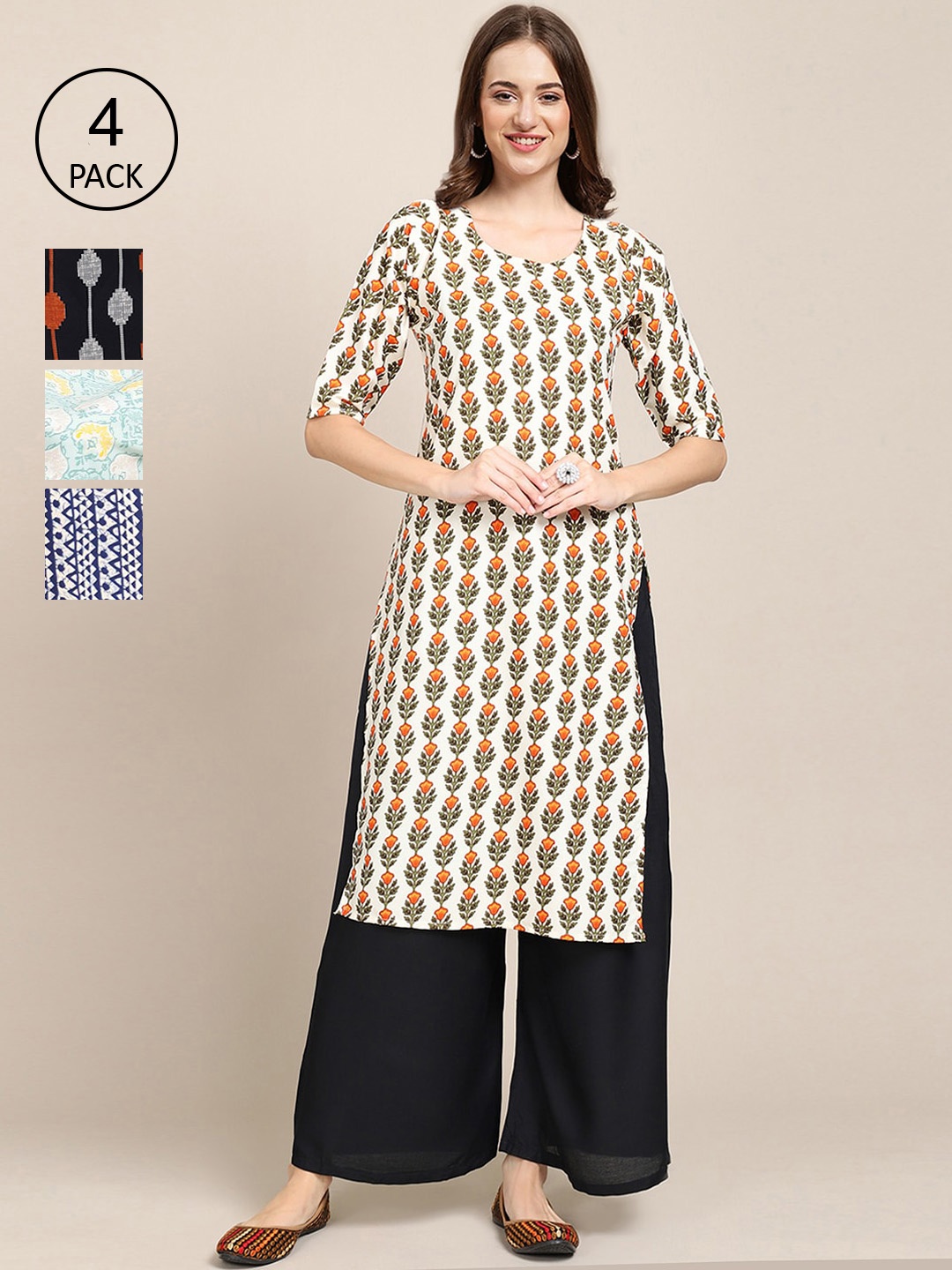 

Ethnic basket Women Pack of 4 Printed Straight Crepe Kurta, Blue