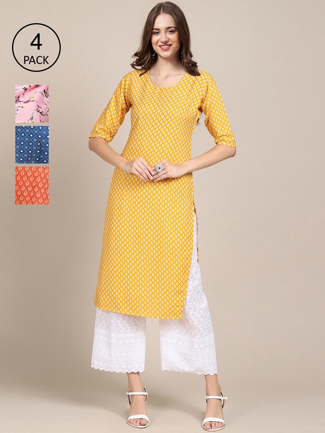 

Ethnic basket Women Pack of 4 Printed Straight Crepe Kurta, Yellow