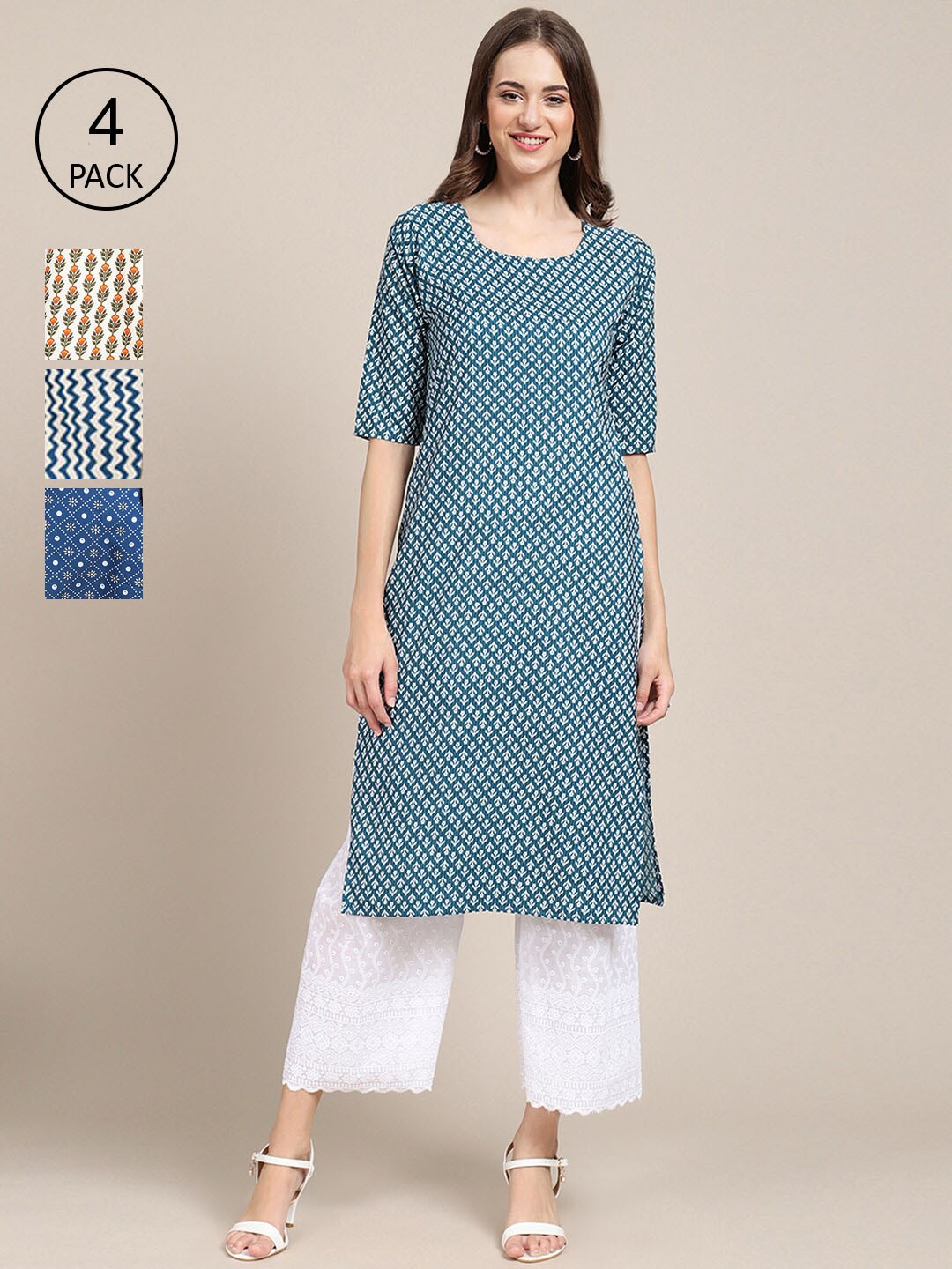 

Ethnic basket Women Pack Of 4 Printed Block Print Crepe Kurtas, Blue