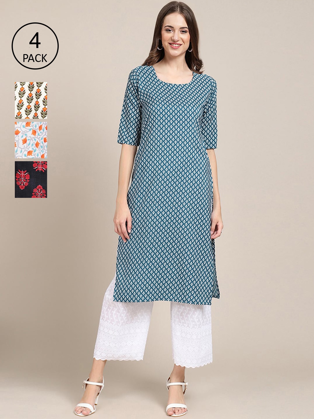 

Ethnic basket Women Pack of 4 Printed Straight Crepe Kurta, Blue